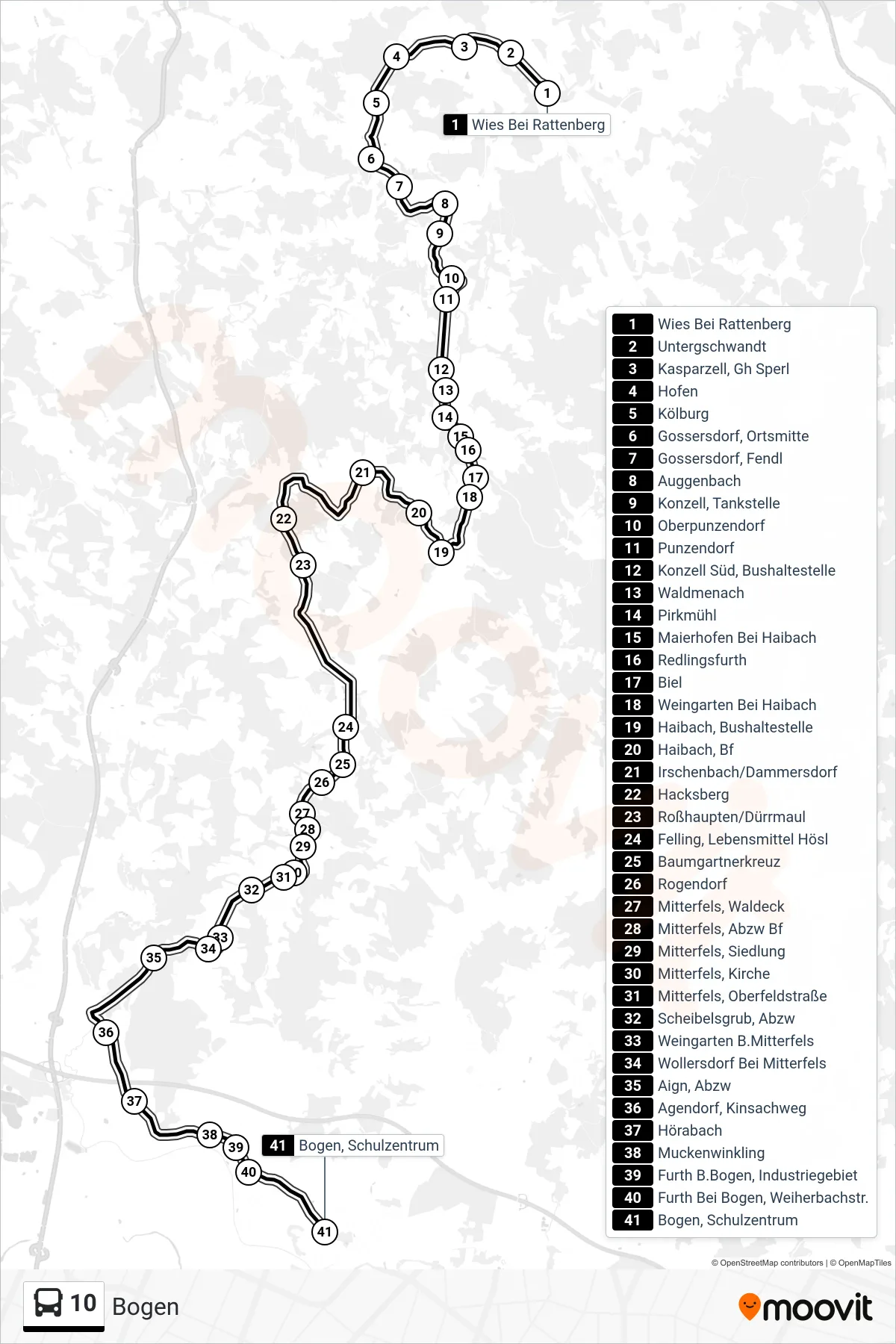 Linie 10 (Bus) Richtung Bogen: Route und Haltestellen auf der Karte