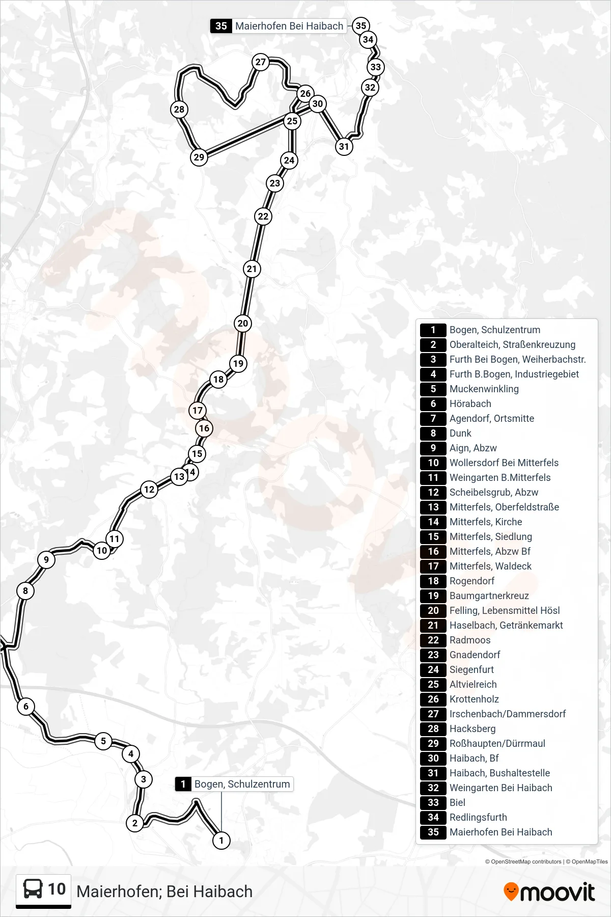 10 bus Line (Maierhofen; Bei Haibach) route and stops on a map