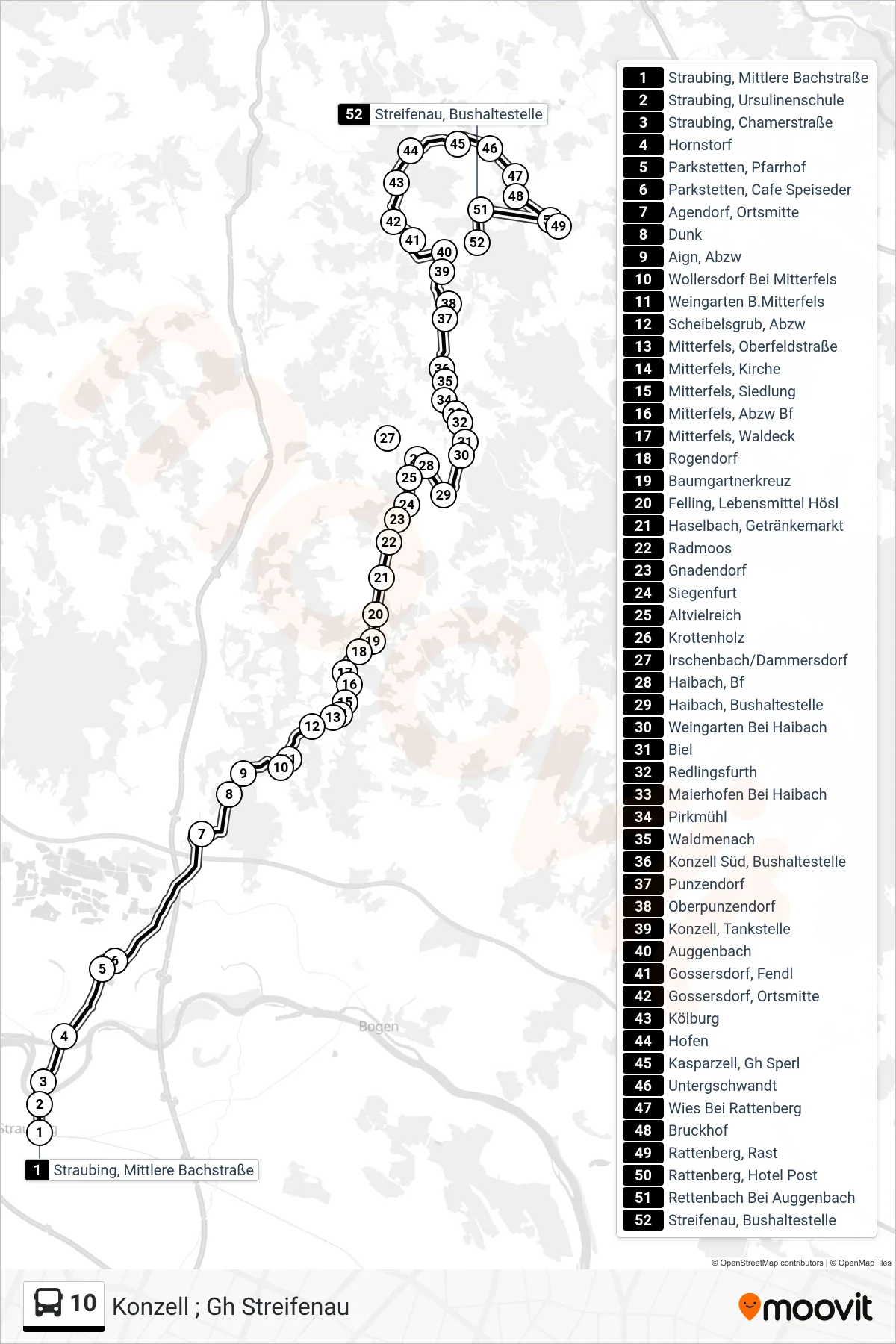 10 bus Line (Konzell ; Gh Streifenau) route and stops on a map