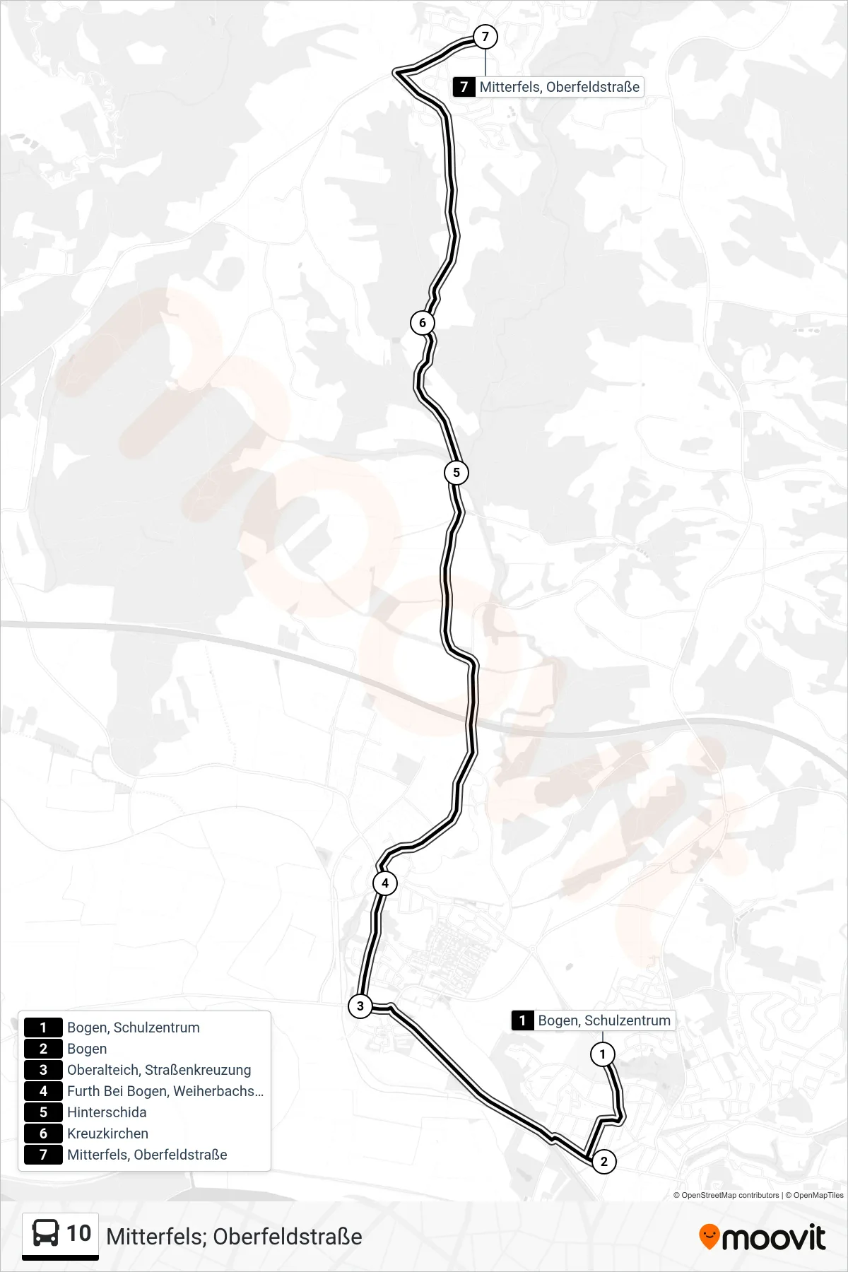Linie 10 (Bus) Richtung Mitterfels; Oberfeldstraße: Route und Haltestellen auf der Karte