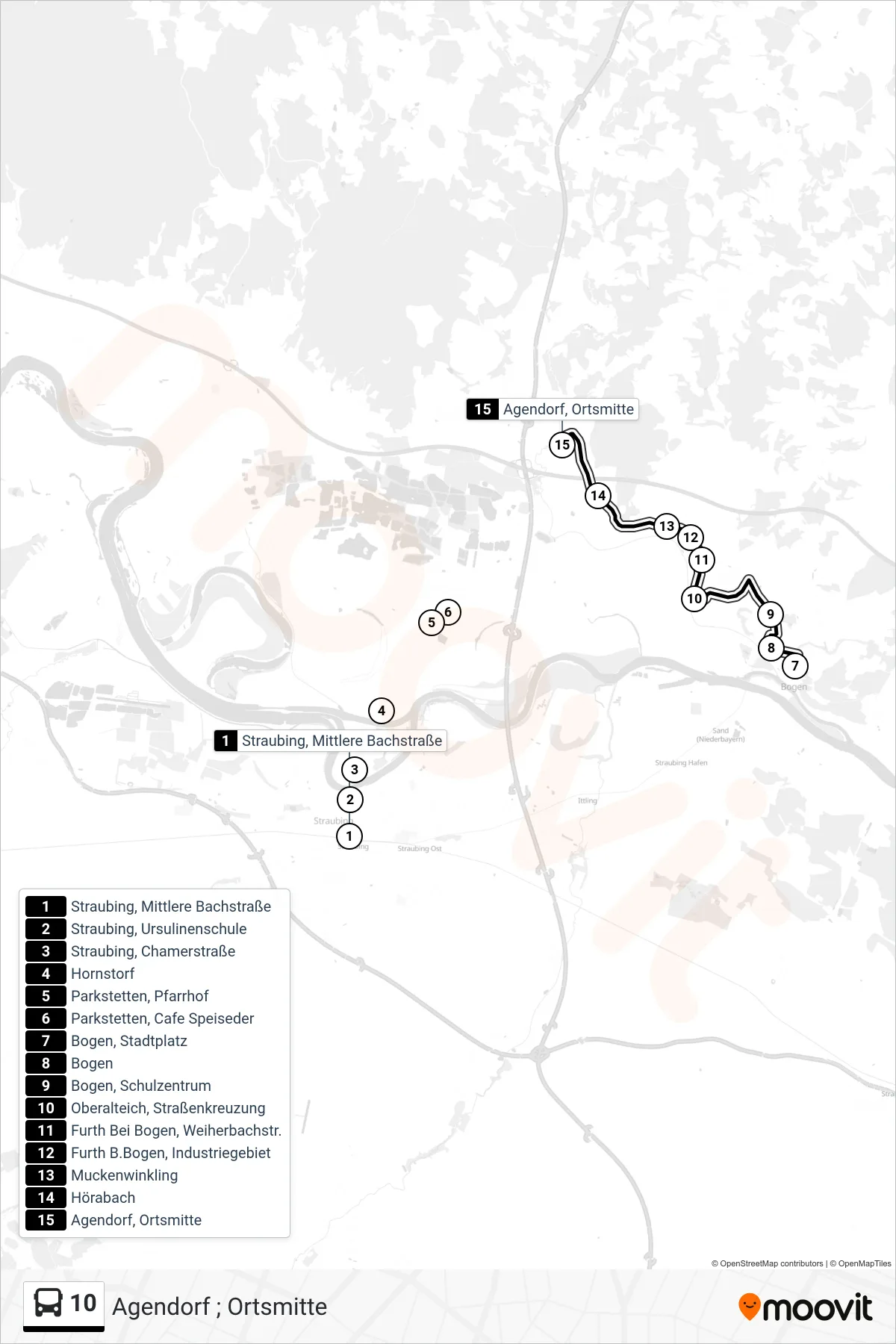 10 bus Line (Agendorf ; Ortsmitte) route and stops on a map