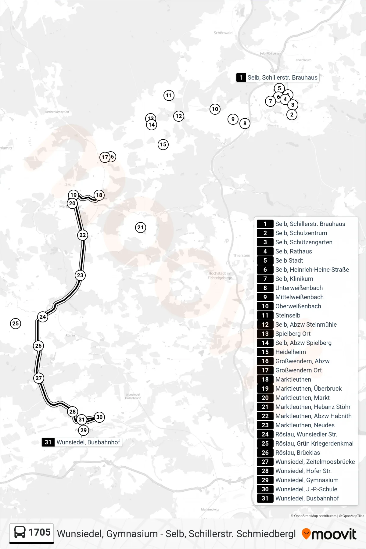 Linie 1705 (Bus) Richtung Wunsiedel Busbahnhof: Route und Haltestellen auf der Karte