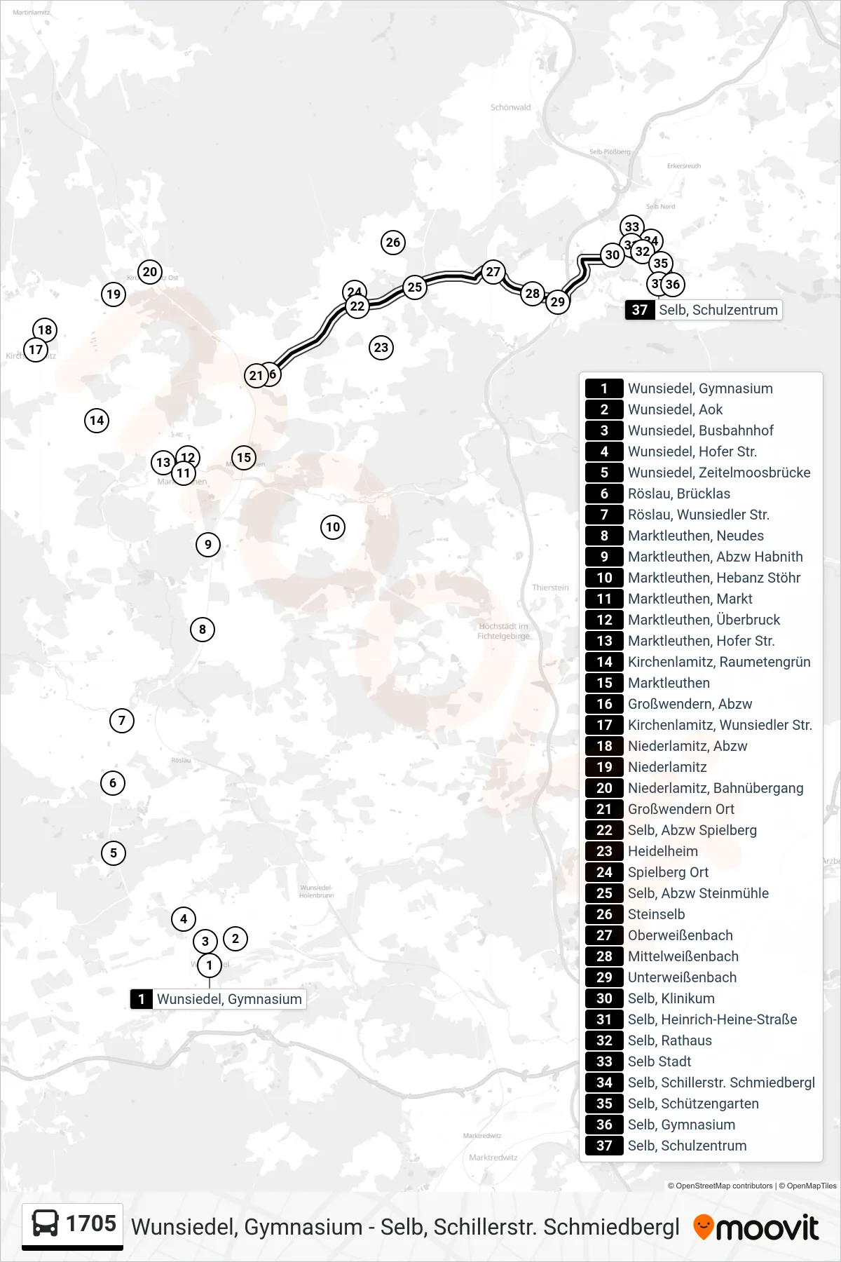 1705 bus Line (Selb) route and stops on a map