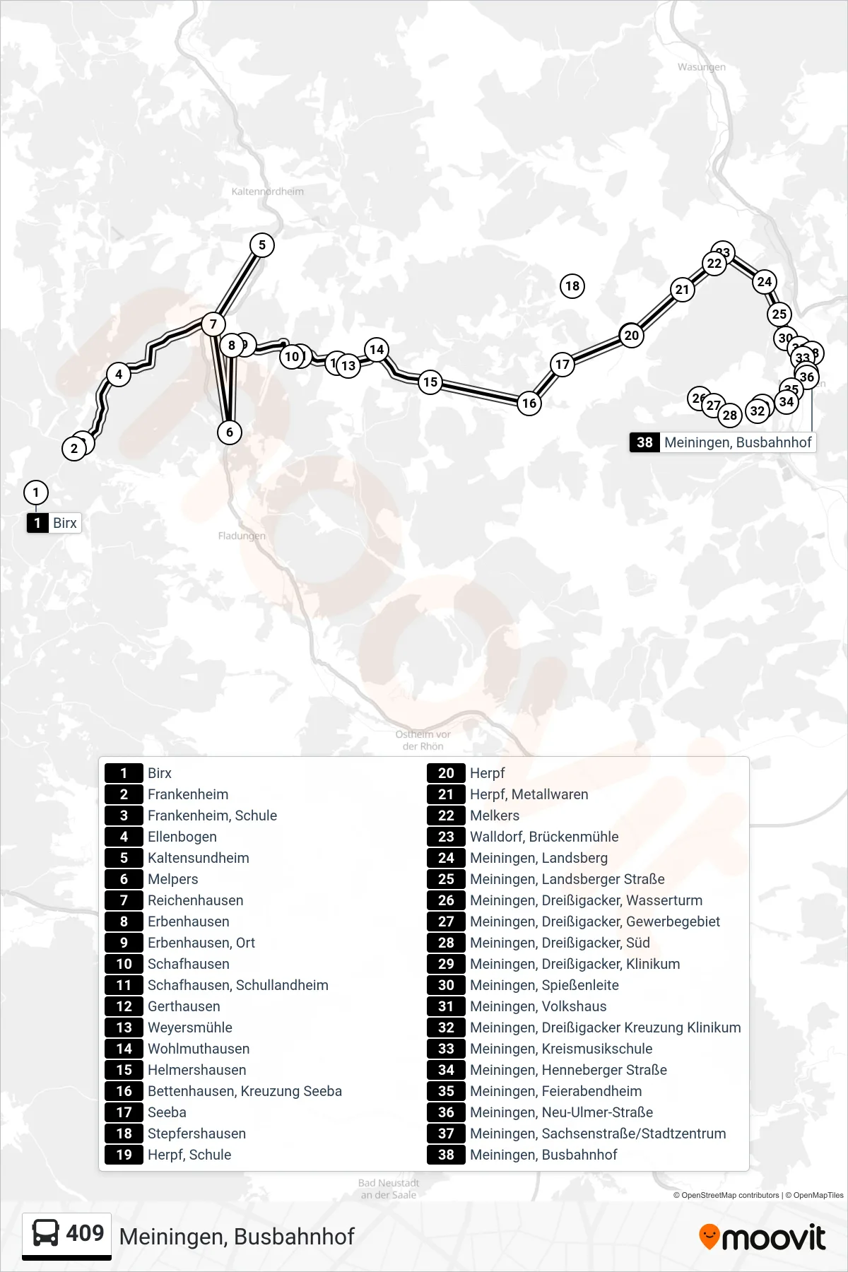 Linie 409 (Bus) Richtung Meiningen, Busbahnhof: Route und Haltestellen auf der Karte