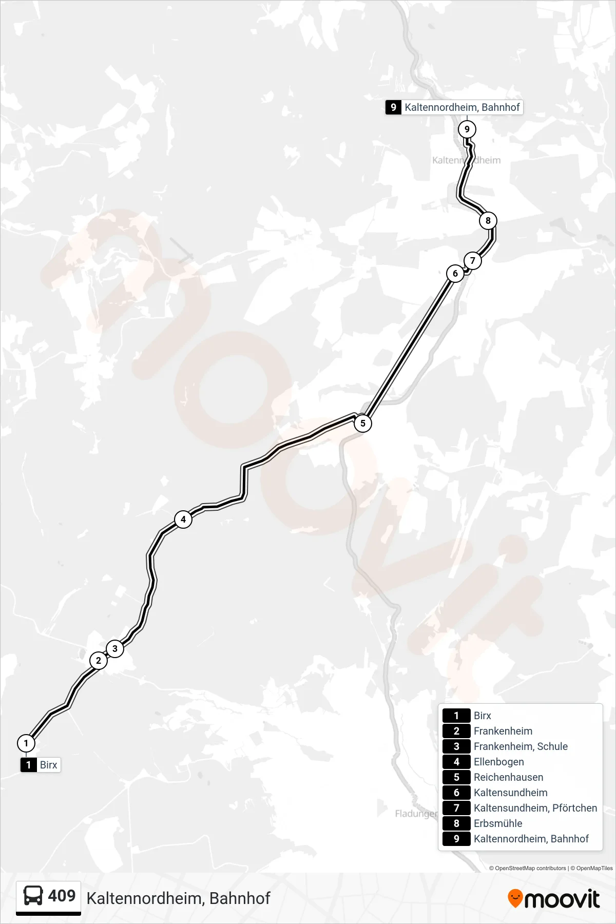 Linie 409 (Bus) Richtung Kaltennordheim, Bahnhof: Route und Haltestellen auf der Karte