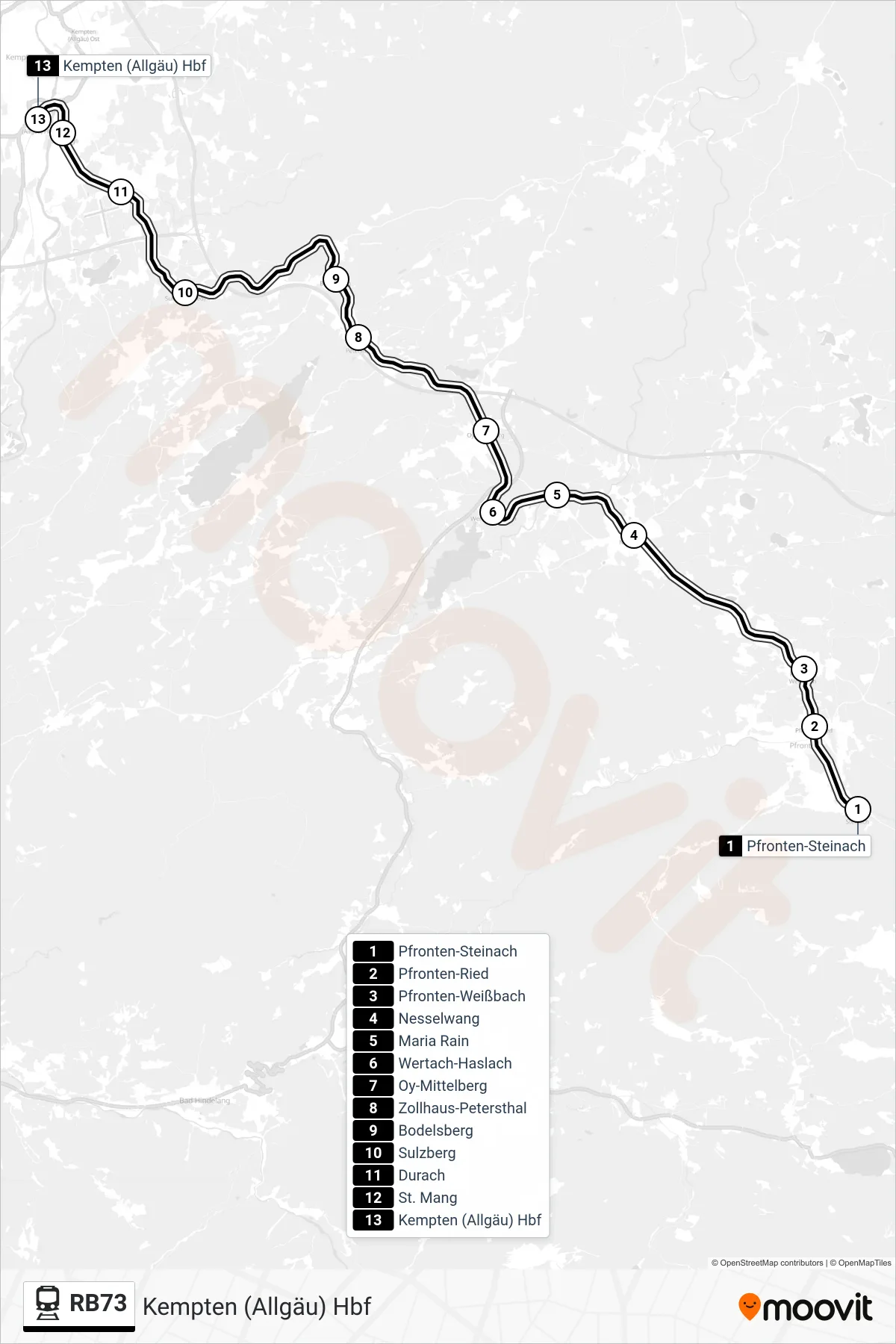 Linie RB73 (Bahn) Richtung Kempten (Allgäu) Hbf: Route und Haltestellen auf der Karte