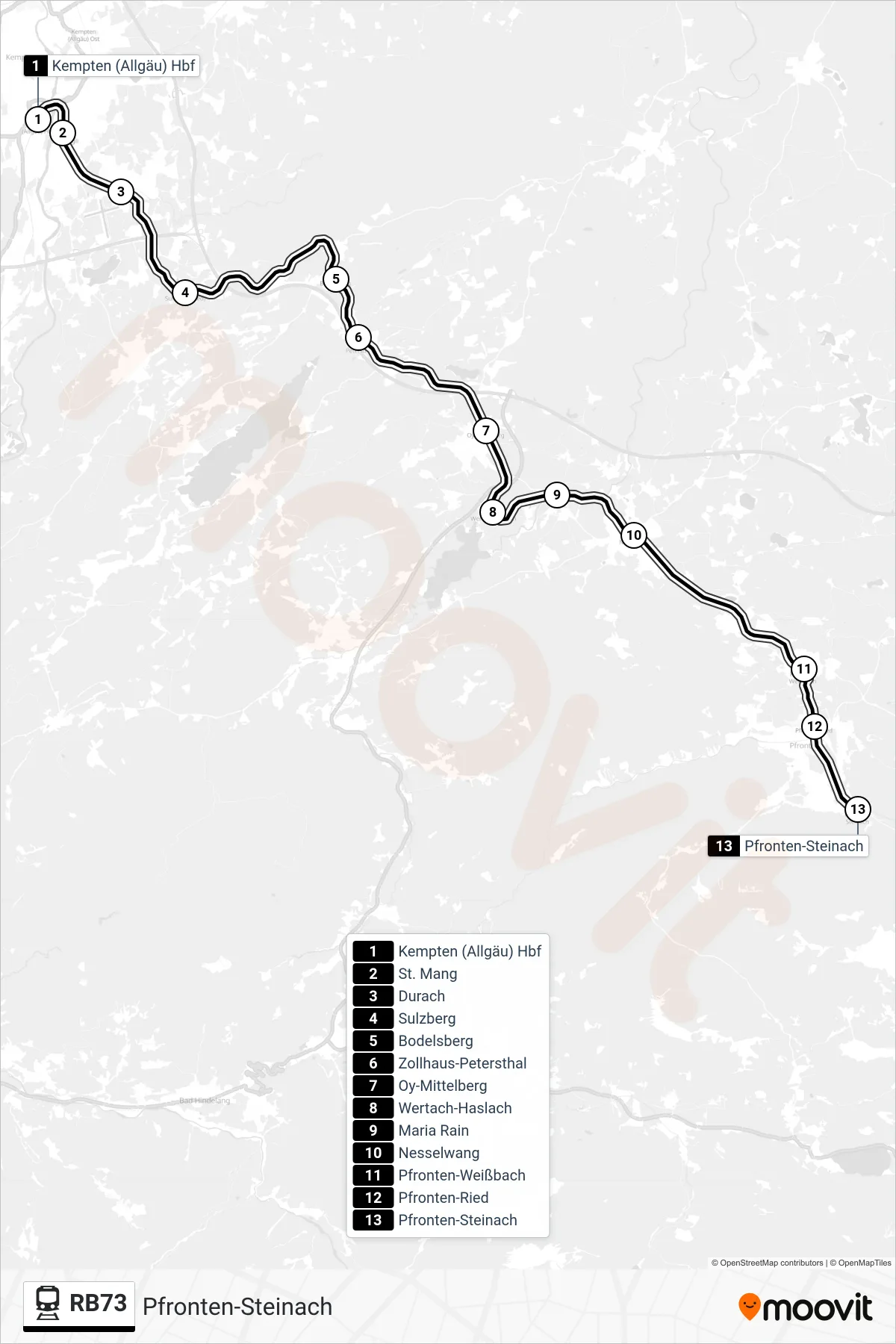 Linie RB73 (Bahn) Richtung Pfronten-Steinach: Route und Haltestellen auf der Karte