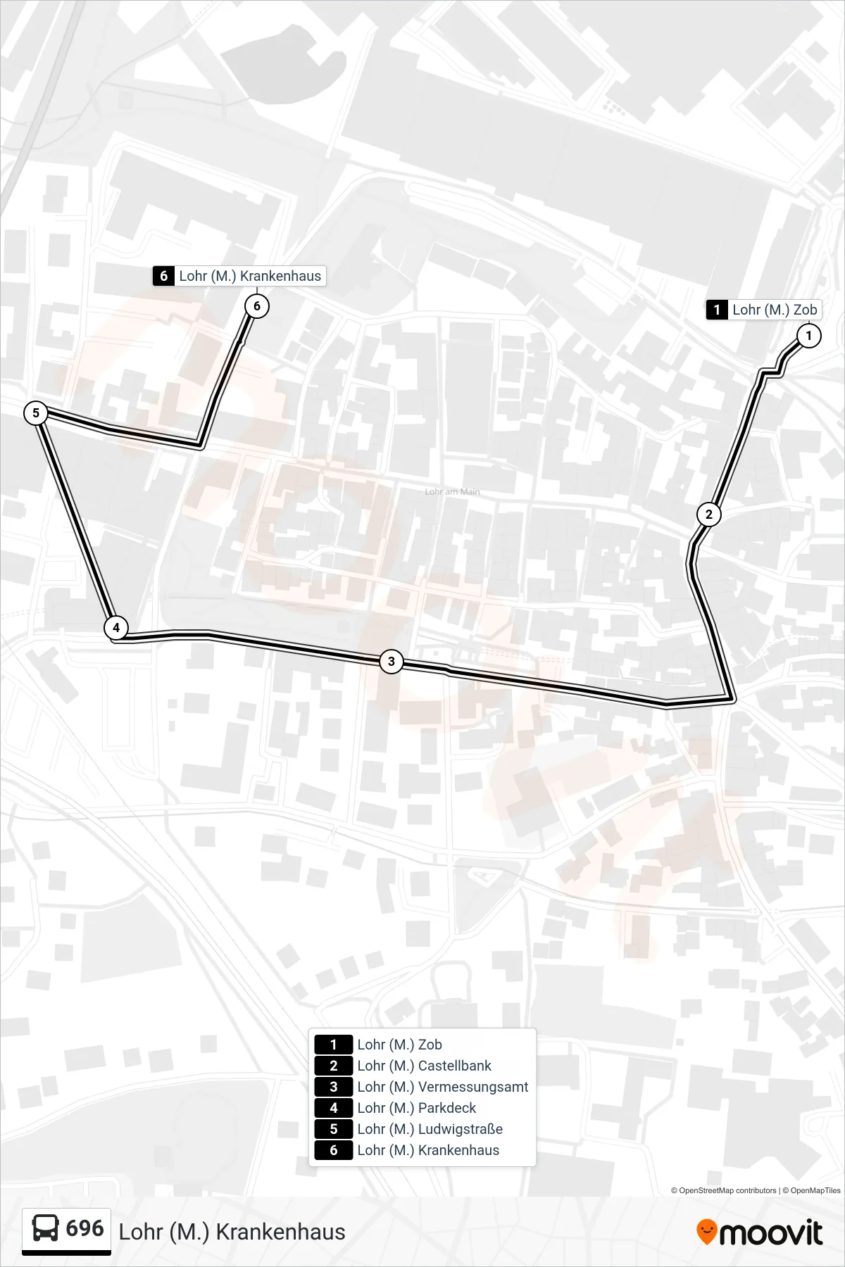 Linie 696 (Bus) Richtung Lohr (M.) Krankenhaus: Route und Haltestellen auf der Karte
