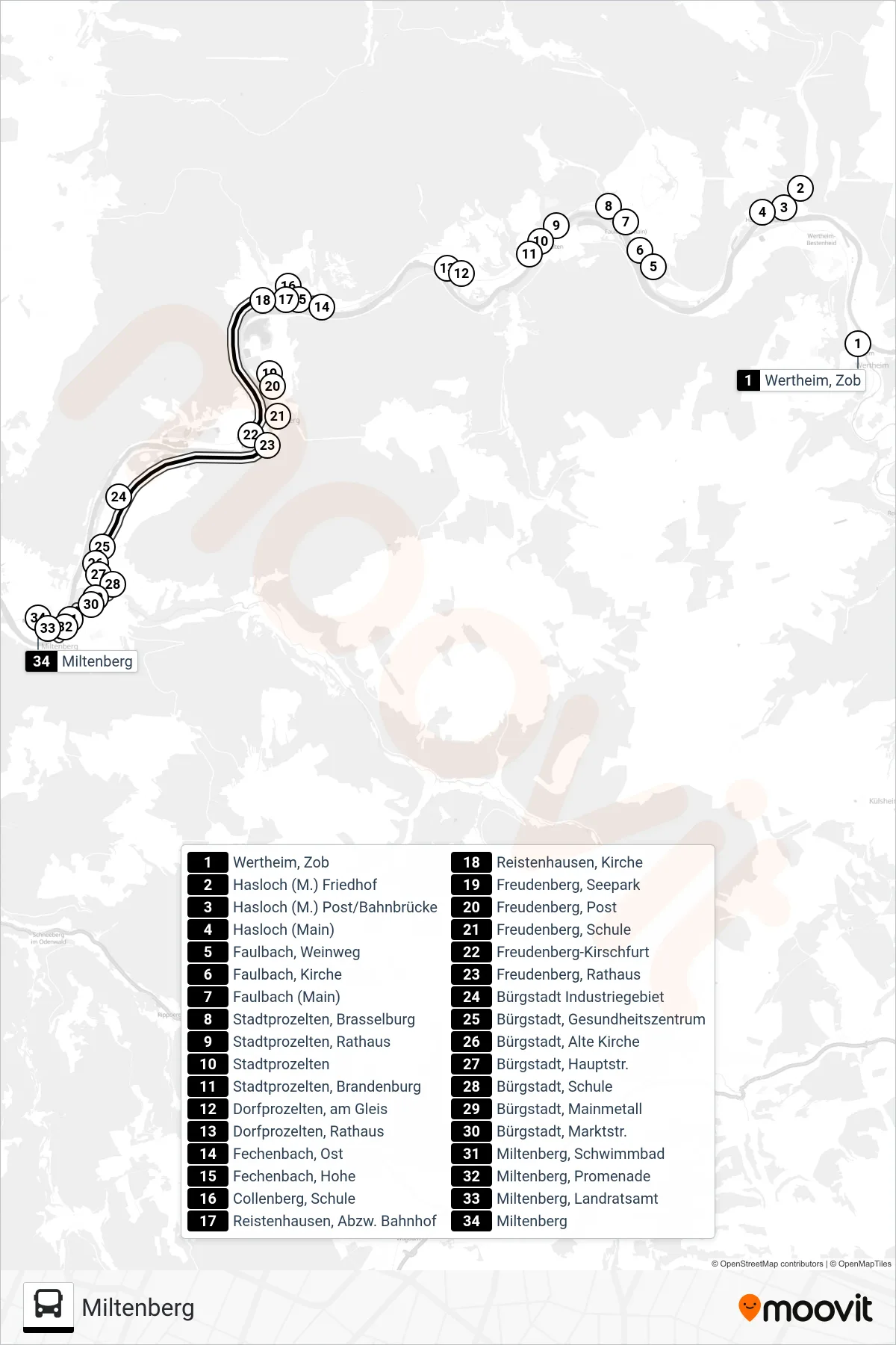 982 / 85 bus Line (Miltenberg) route and stops on a map