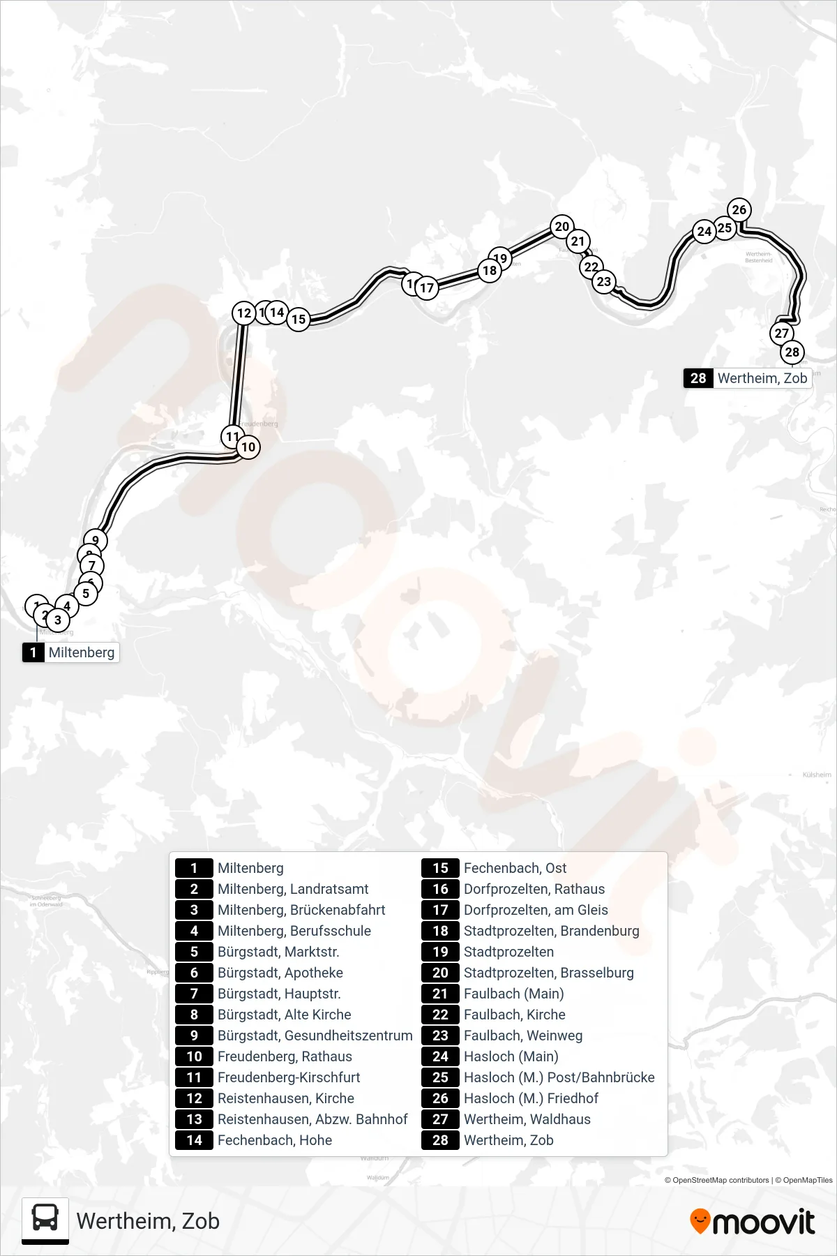 Linie 982 / 85 (Bus) Richtung Wertheim, Zob: Route und Haltestellen auf der Karte