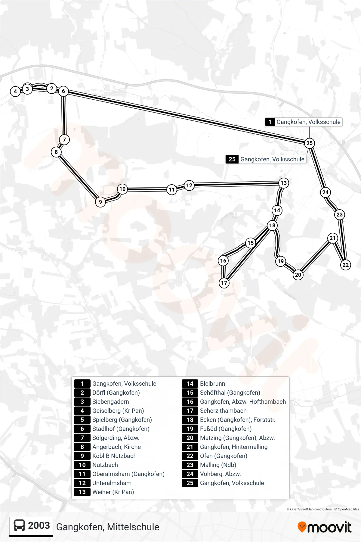 2003 bus Line (Gangkofen, Mittelschule) route and stops on a map
