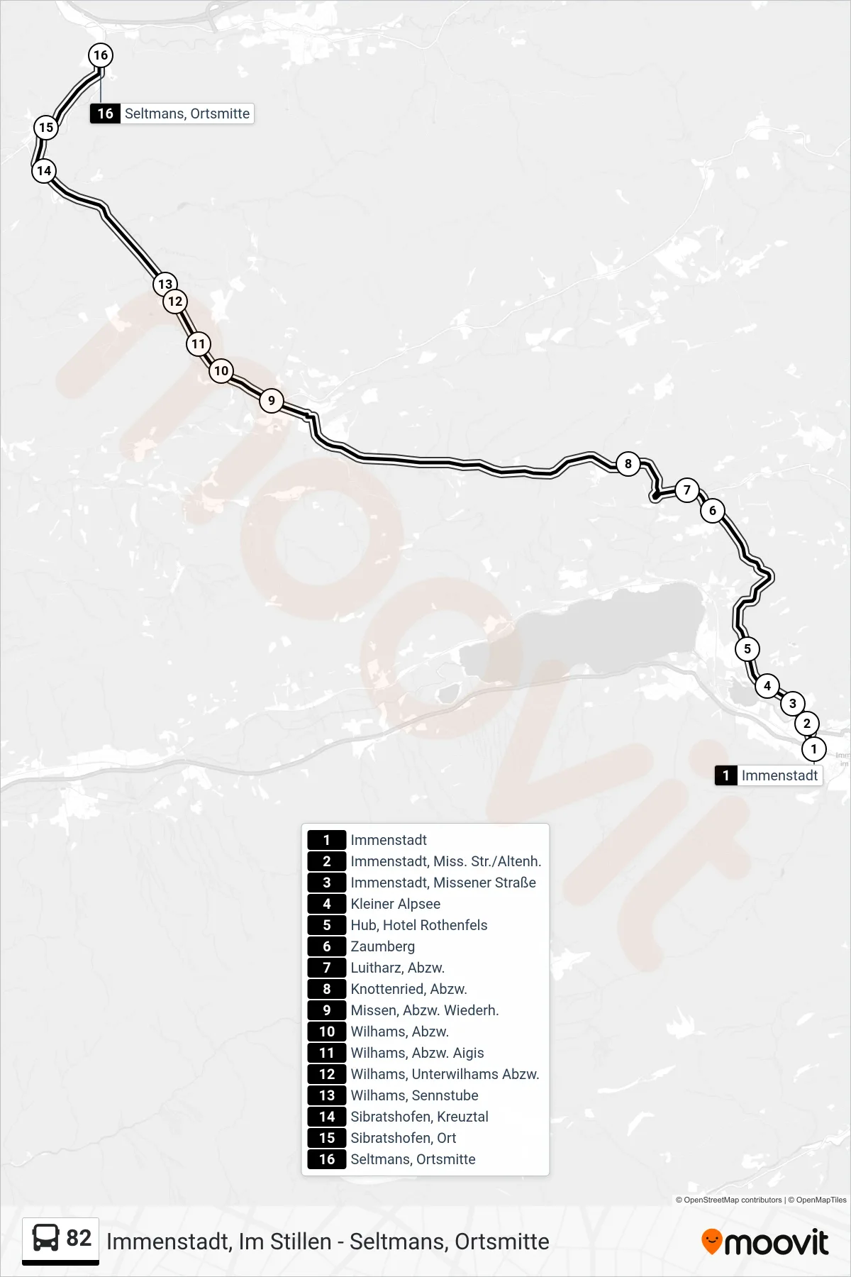 82 bus Line (Seltmans Über Missen) route and stops on a map
