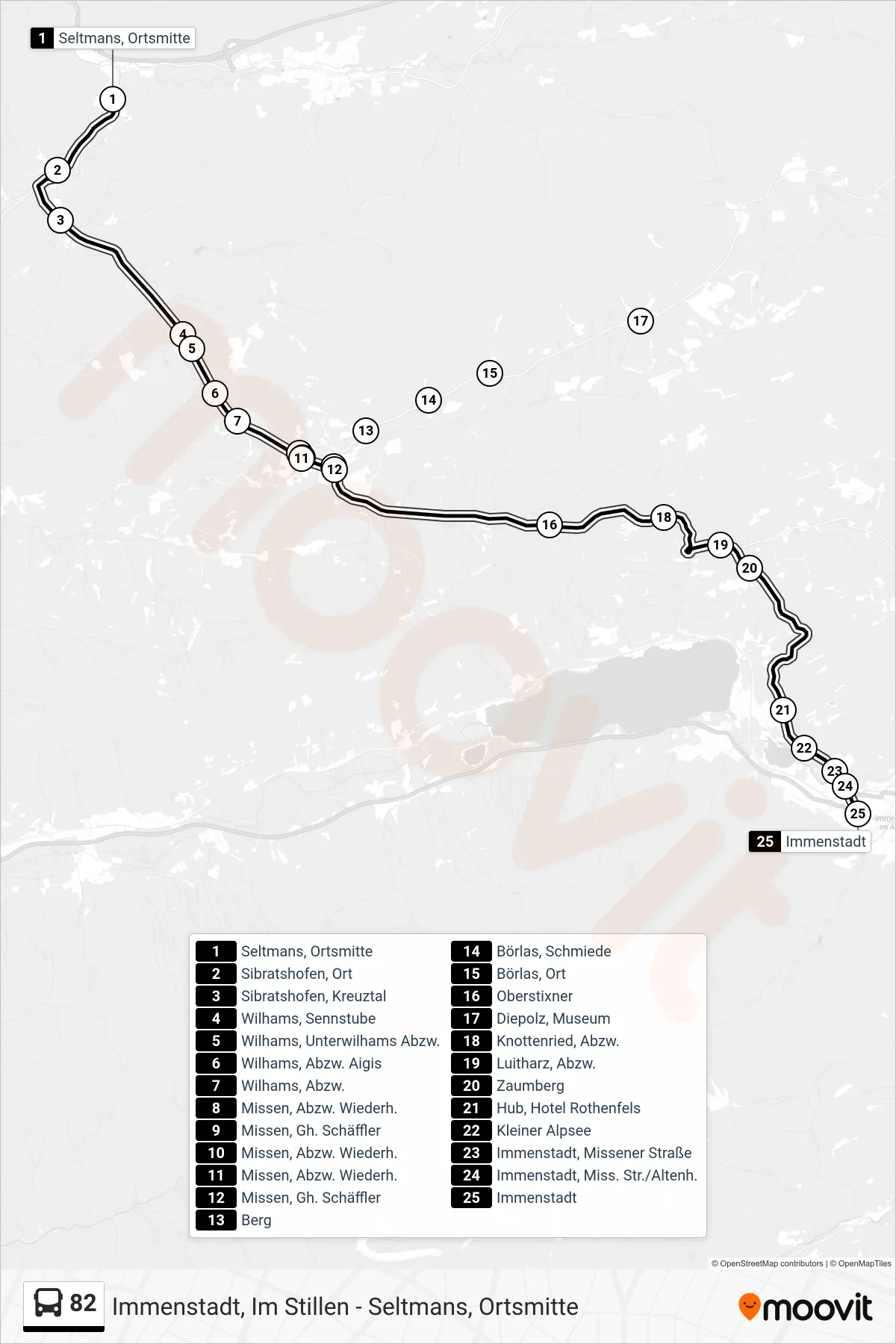 82 bus Line (Immenstadt) route and stops on a map