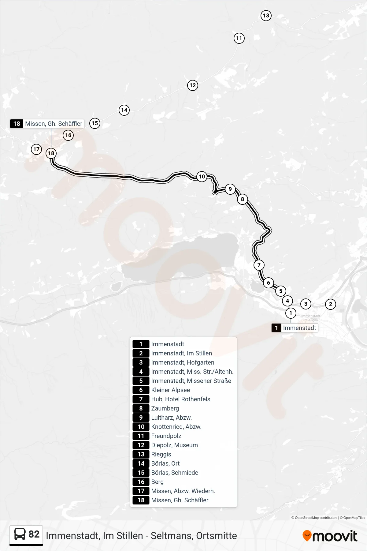 82 bus Line (Missen, Gh. Schäffler) route and stops on a map