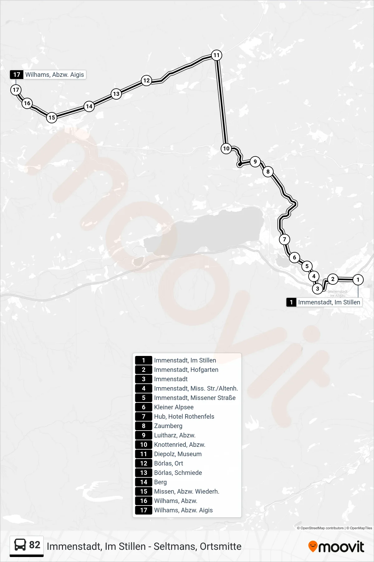 82 bus Line (Wilhams, Abzw. Aigis) route and stops on a map