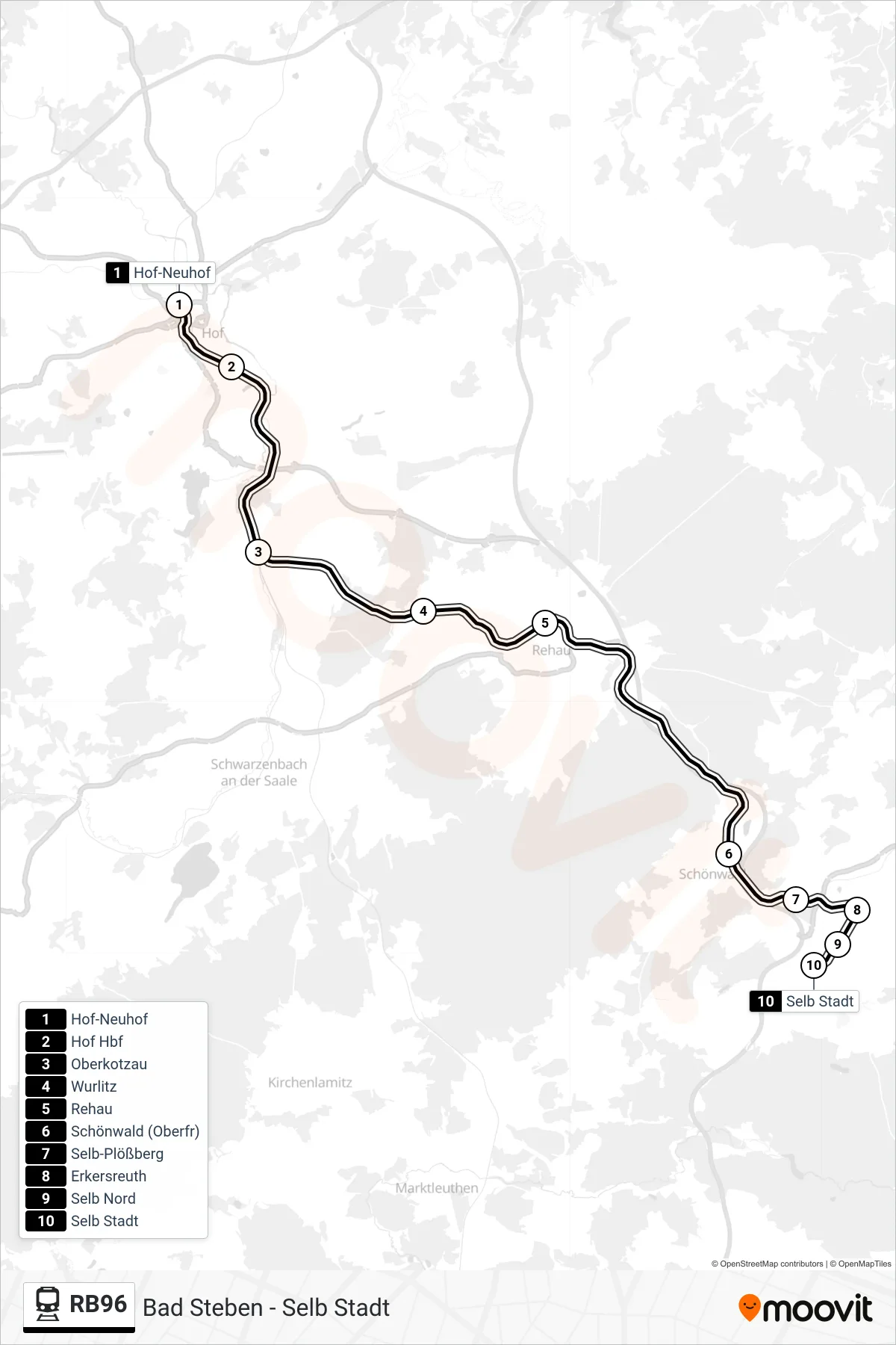 RB96 tram Line (Selb Stadt) route and stops on a map