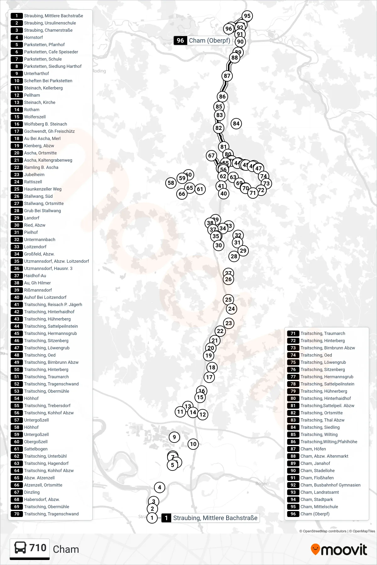 Linie 710 (Bus) Richtung Cham: Route und Haltestellen auf der Karte