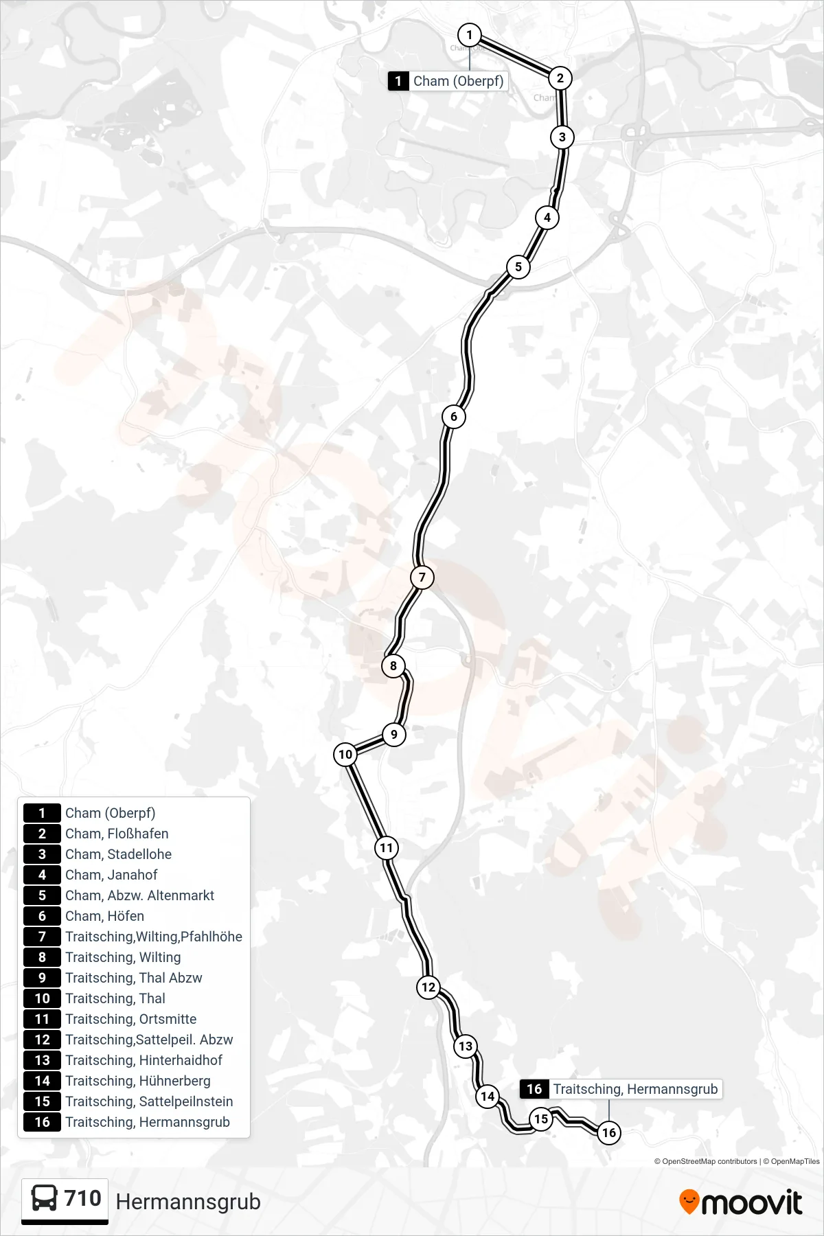 Linie 710 (Bus) Richtung Hermannsgrub: Route und Haltestellen auf der Karte