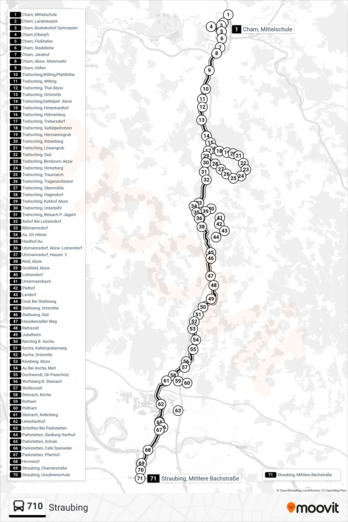 Linie 710 (Bus) Richtung Straubing: Route und Haltestellen auf der Karte