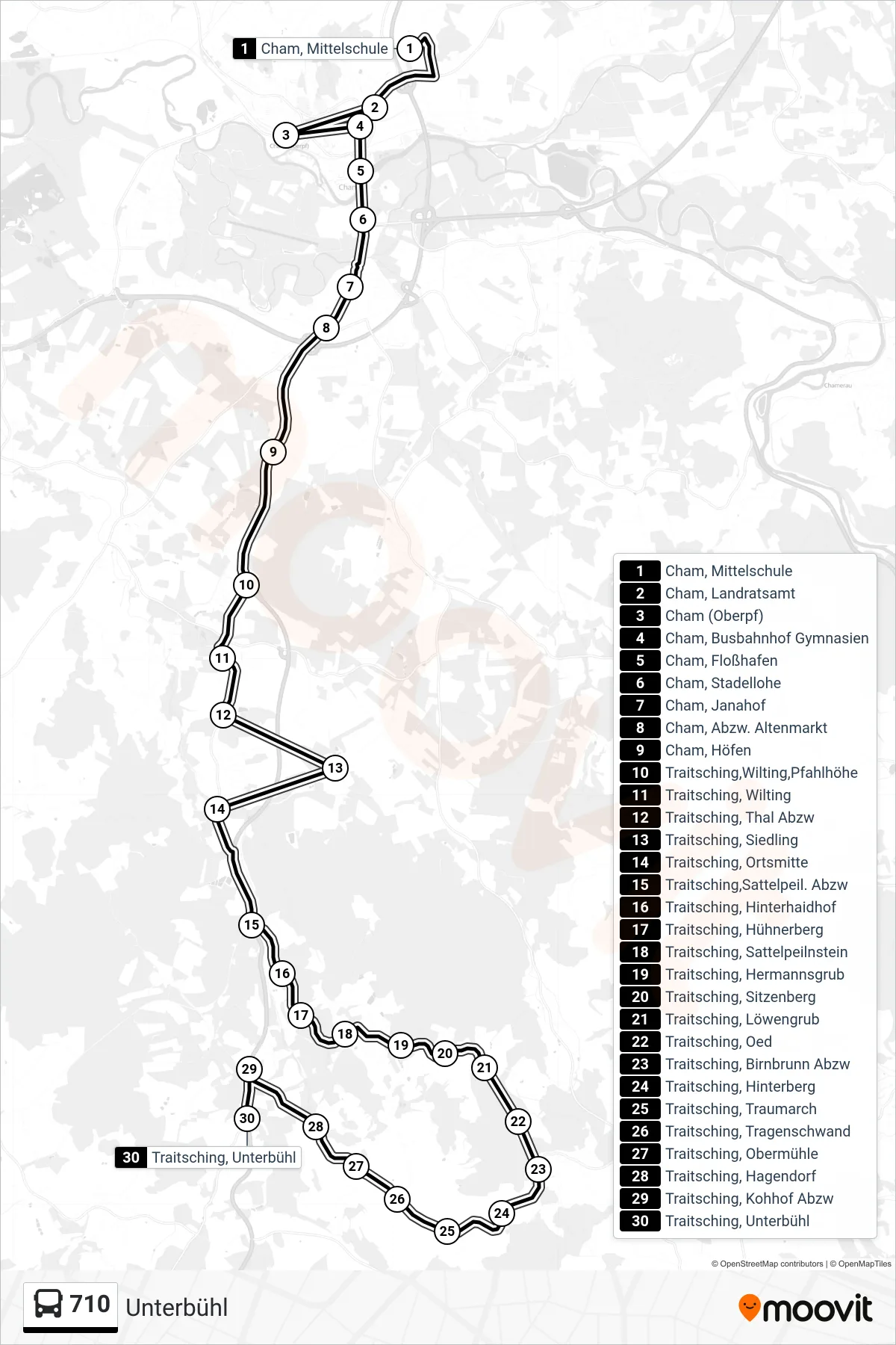 Linie 710 (Bus) Richtung Unterbühl: Route und Haltestellen auf der Karte