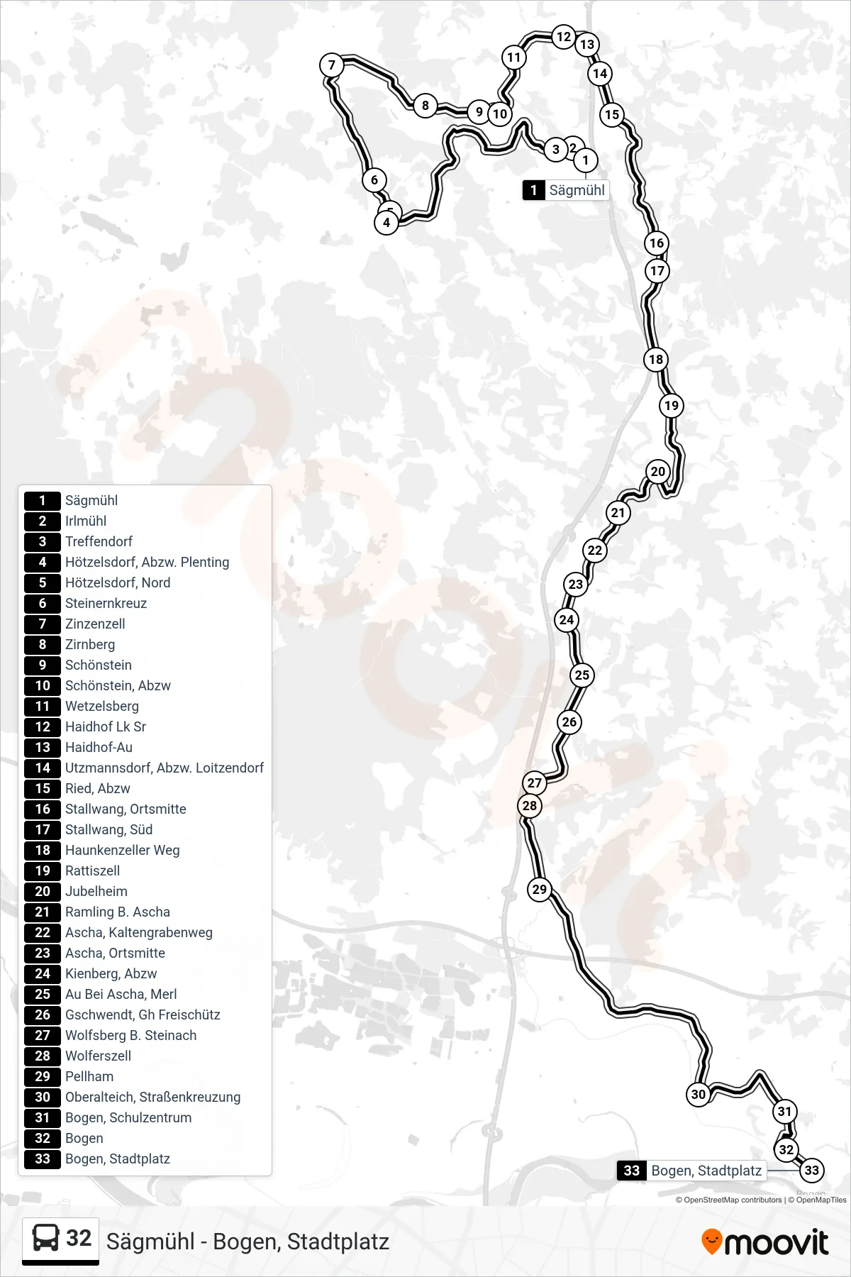 32 bus Line (Bogen) route and stops on a map