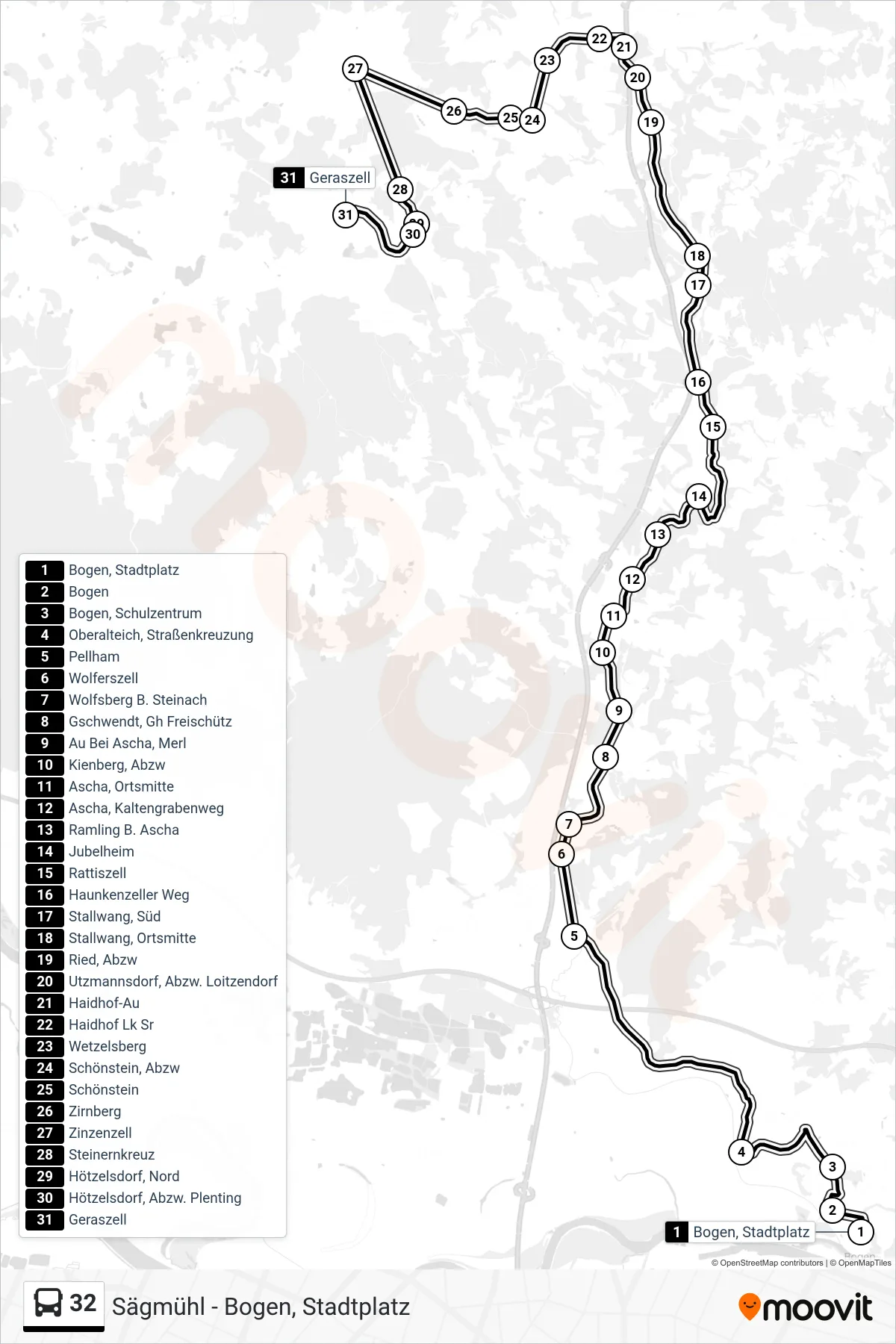 32 bus Line (Geraszell) route and stops on a map