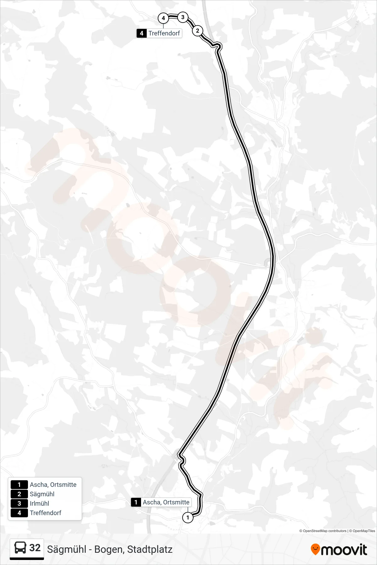 32 bus Line (Treffendorf) route and stops on a map