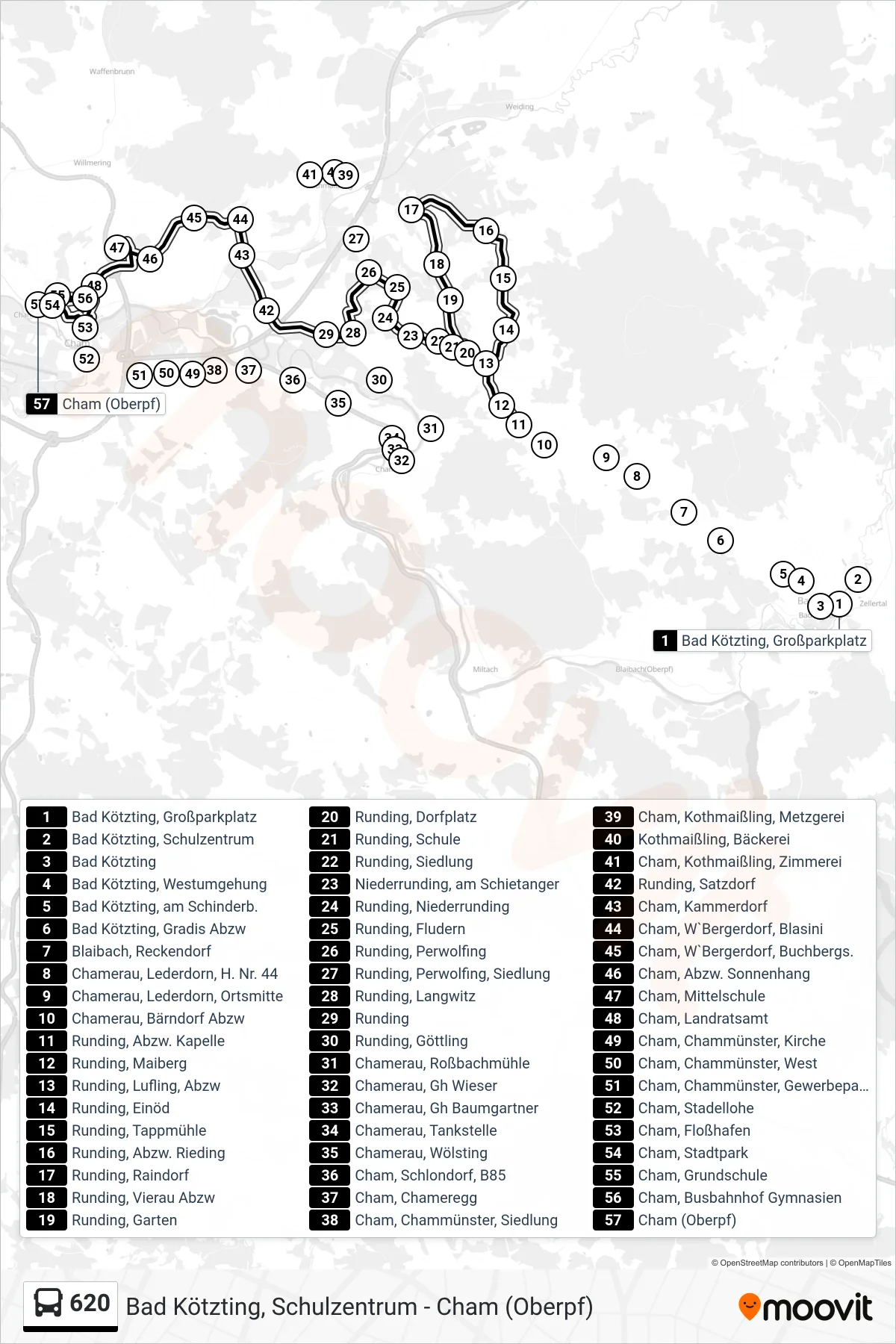 Linie 620 (Bus) Richtung Cham: Route und Haltestellen auf der Karte