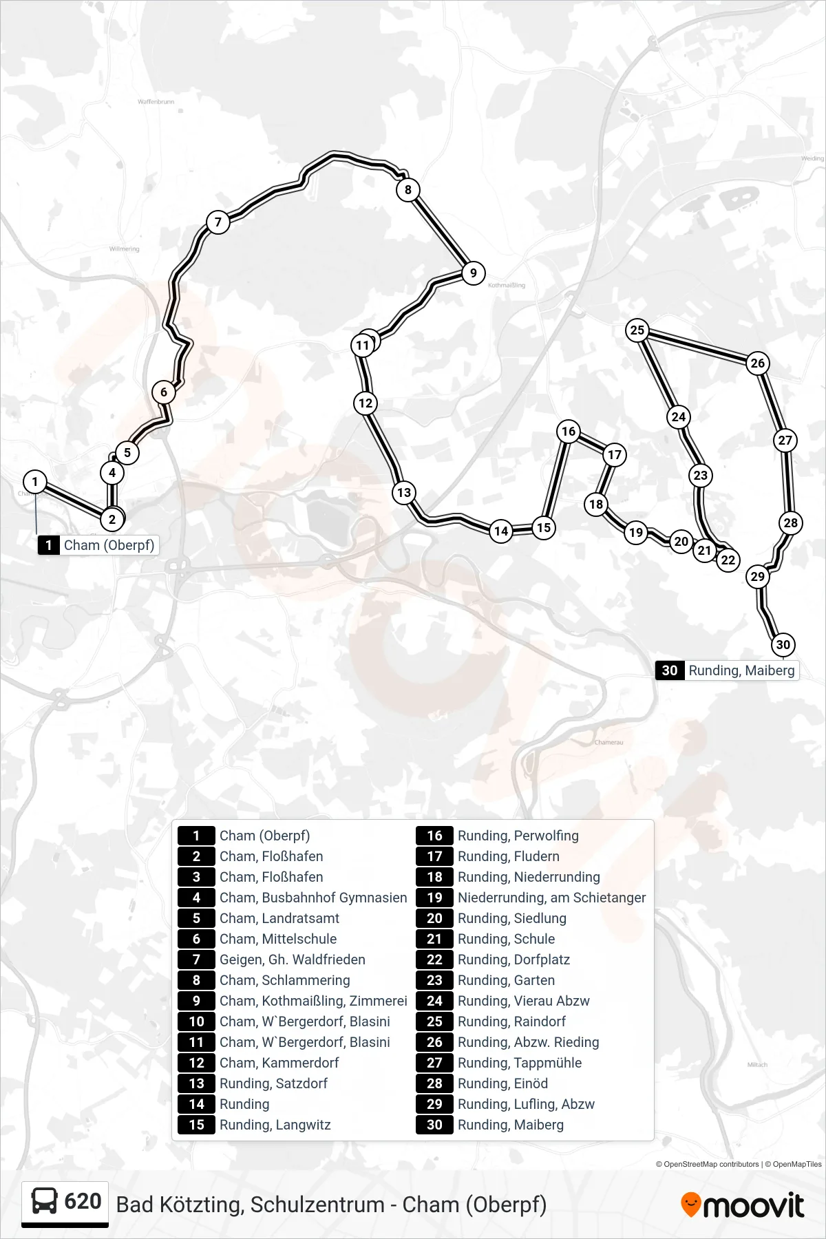 620 bus Line (Maiberg) route and stops on a map