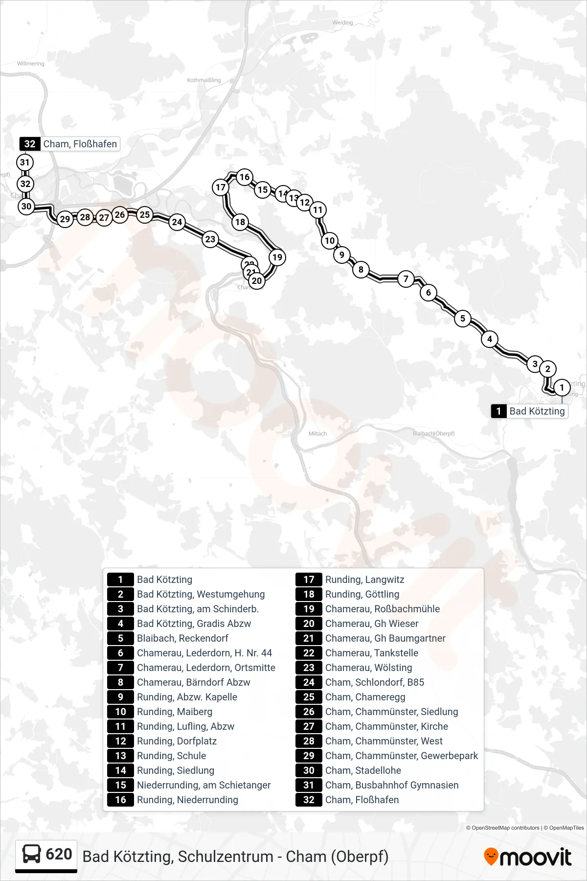 620 bus Line (Cham; Floßhafen) route and stops on a map