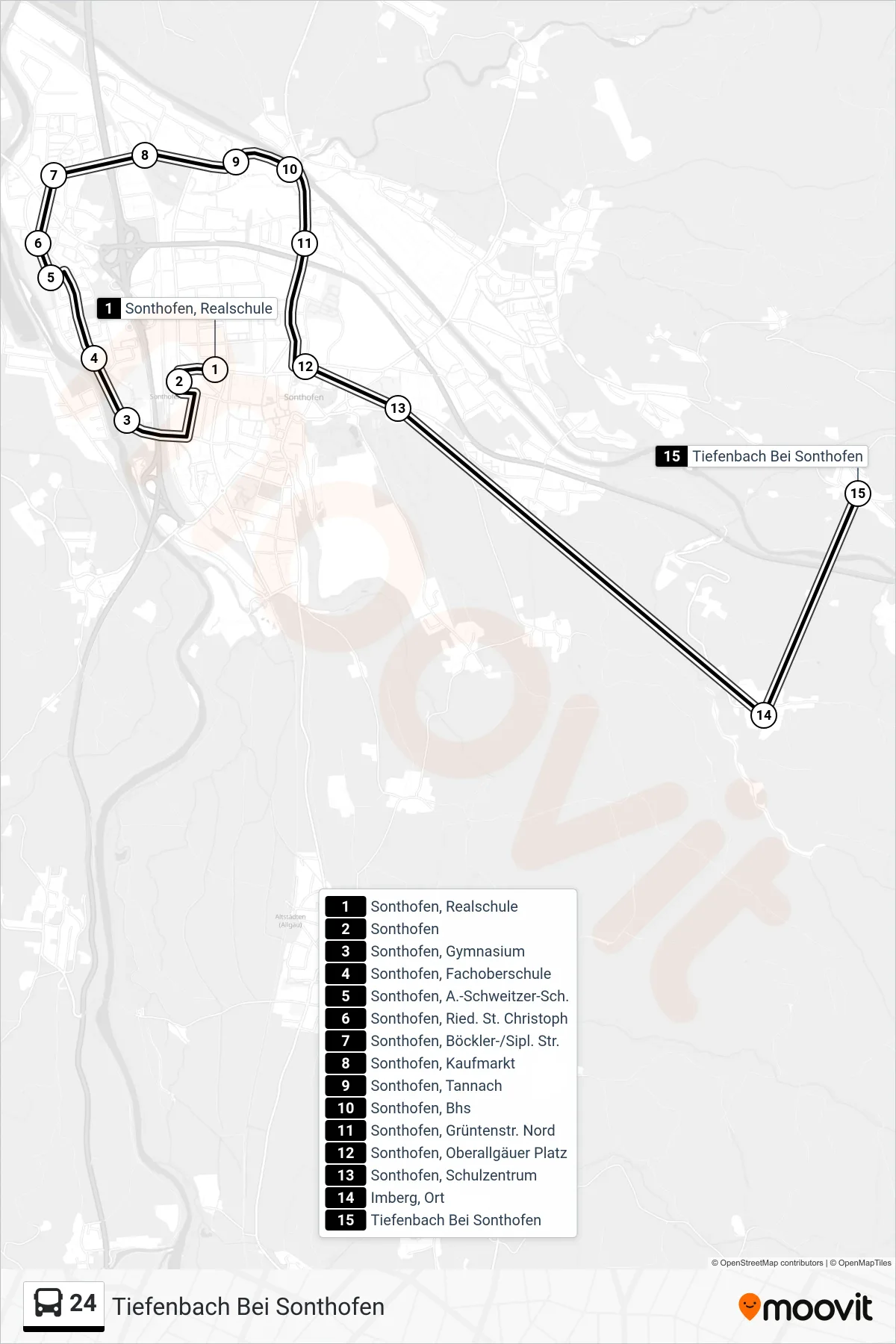 24 bus Line (Tiefenbach Bei Sonthofen) route and stops on a map
