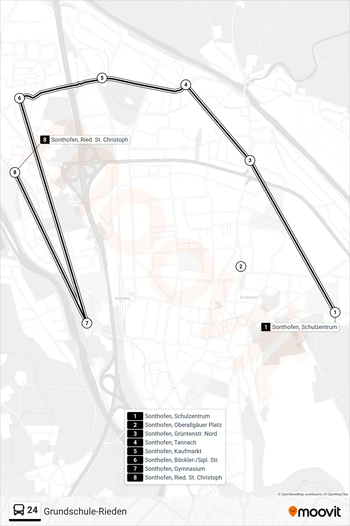 24 bus Line (Grundschule-Rieden) route and stops on a map