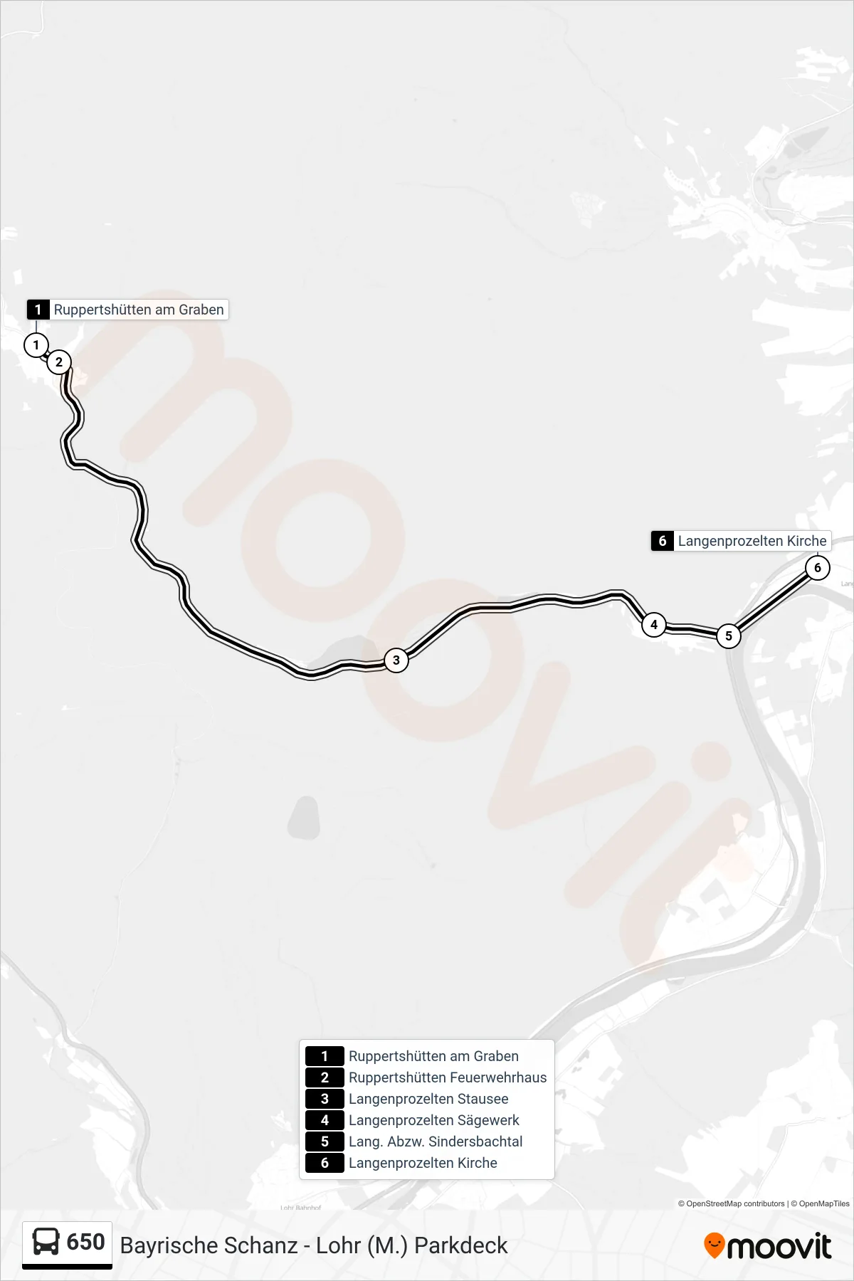 650 bus Line (Langenprozelten) route and stops on a map