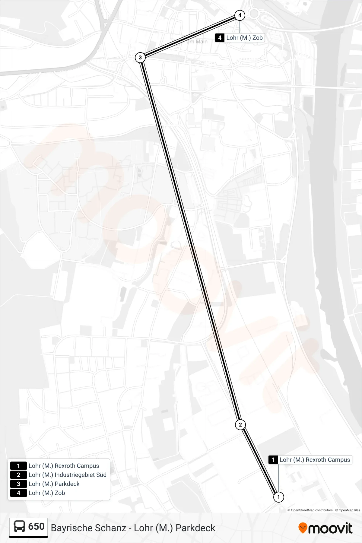 650 bus Line (Lohr Zob) route and stops on a map