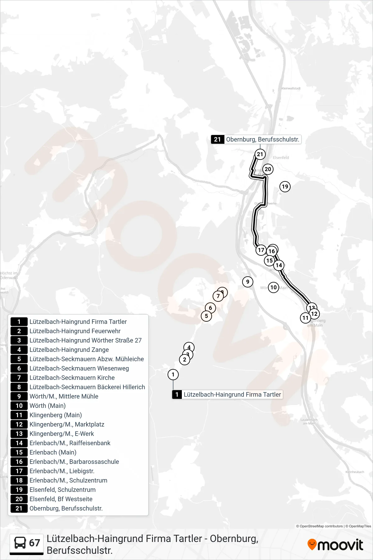 67 bus Line (Obernburg; Berufsschulstr.) route and stops on a map
