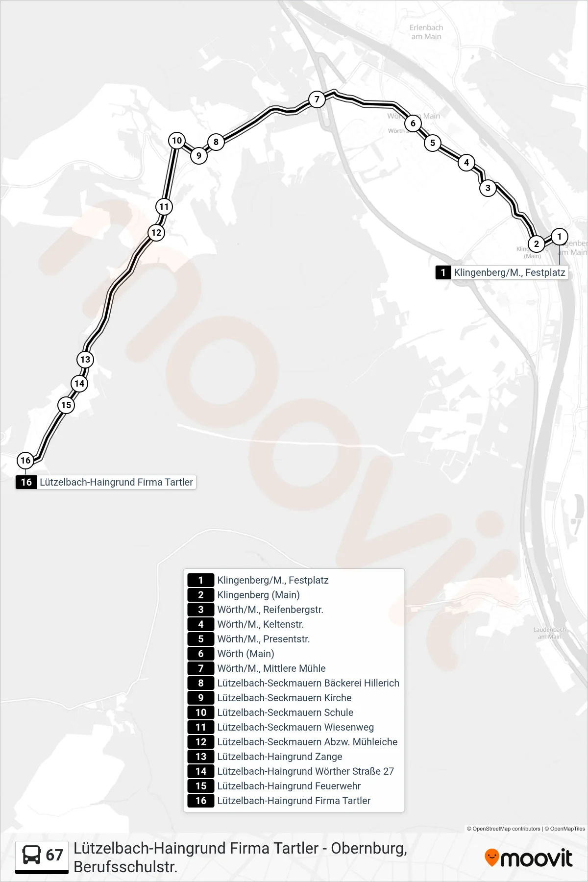 67 bus Line (Haingrund) route and stops on a map