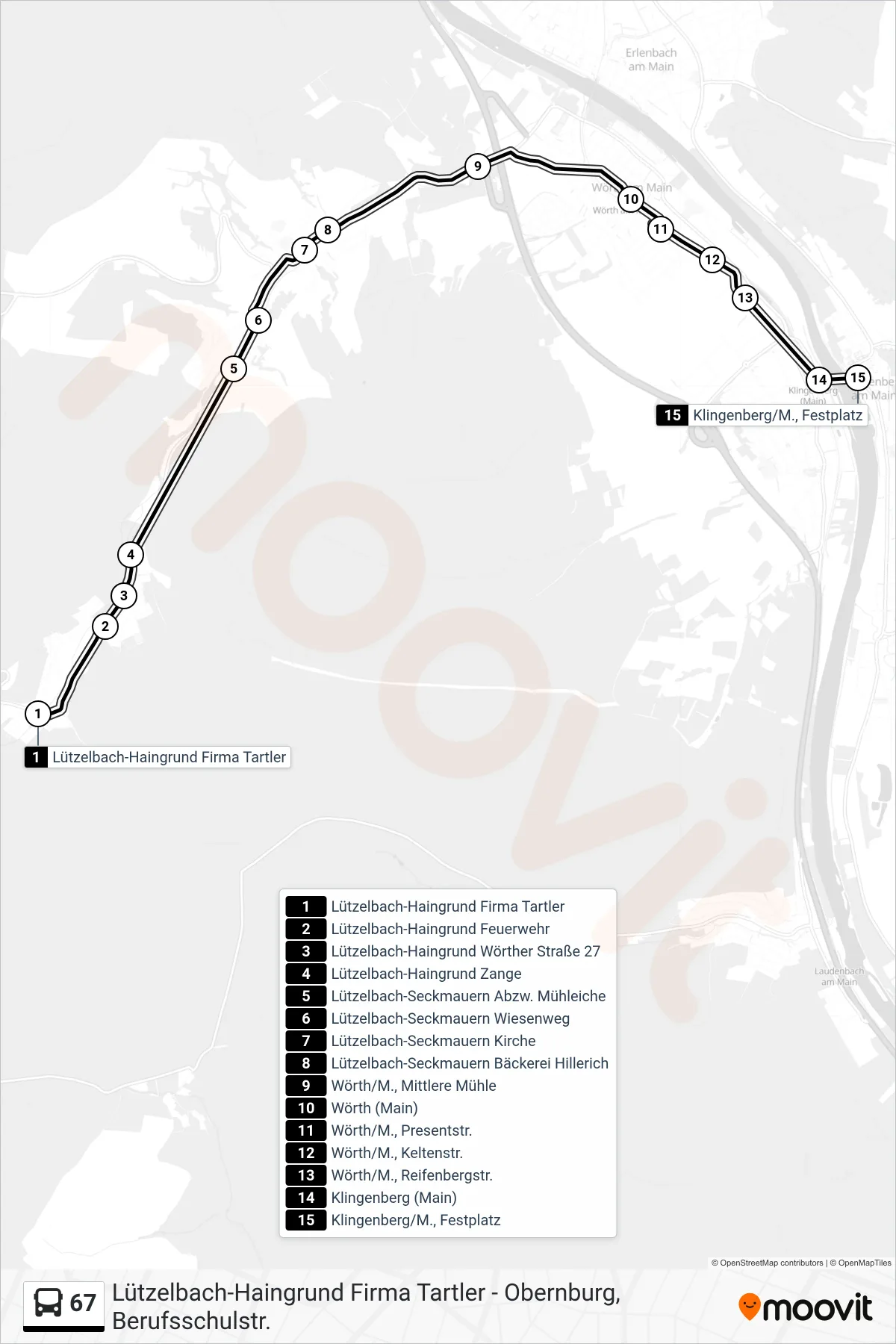 67 bus Line (Klingenberg) route and stops on a map