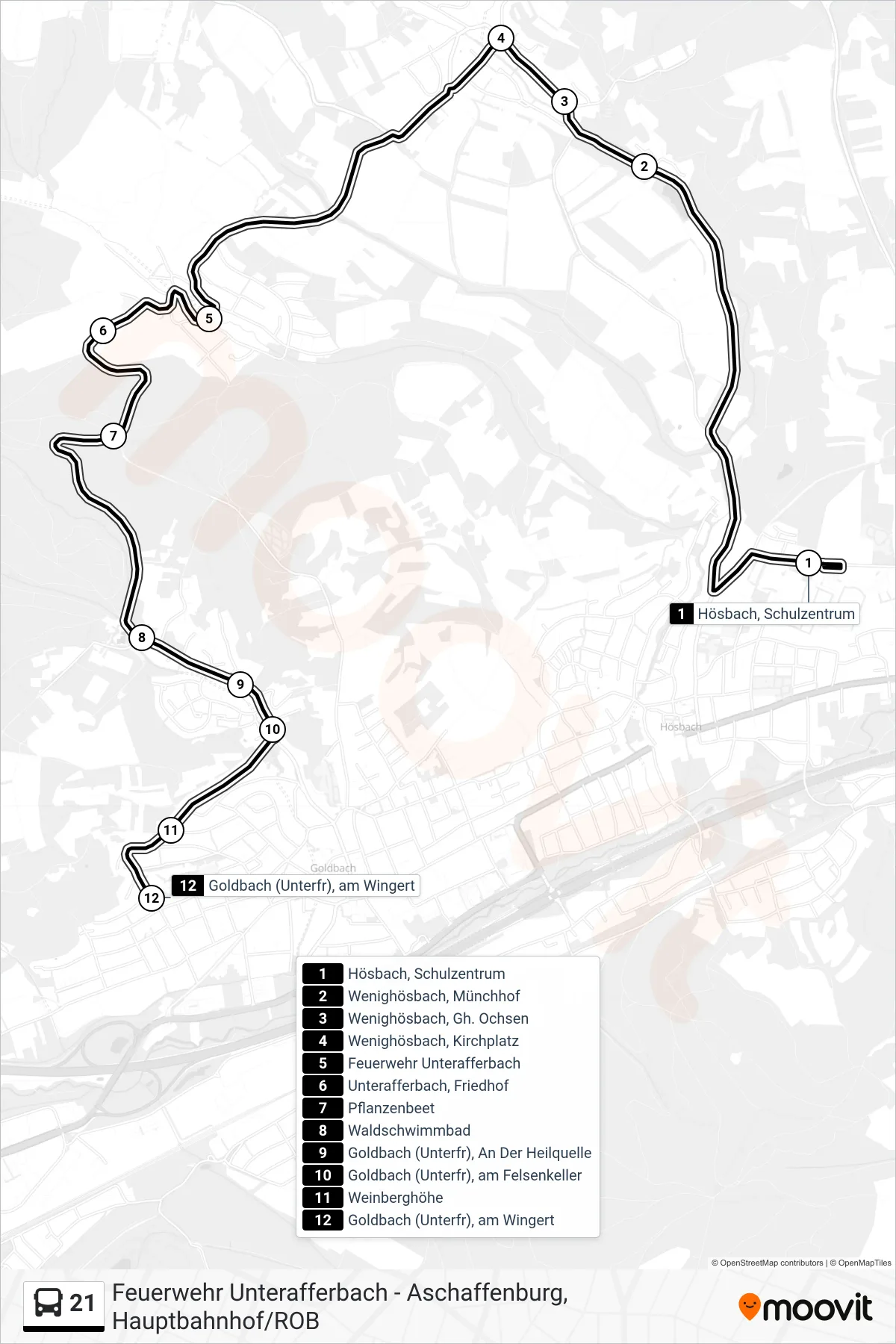 Linie 21 (Bus) Richtung Goldbach (Unterfr), am Wingert: Route und Haltestellen auf der Karte