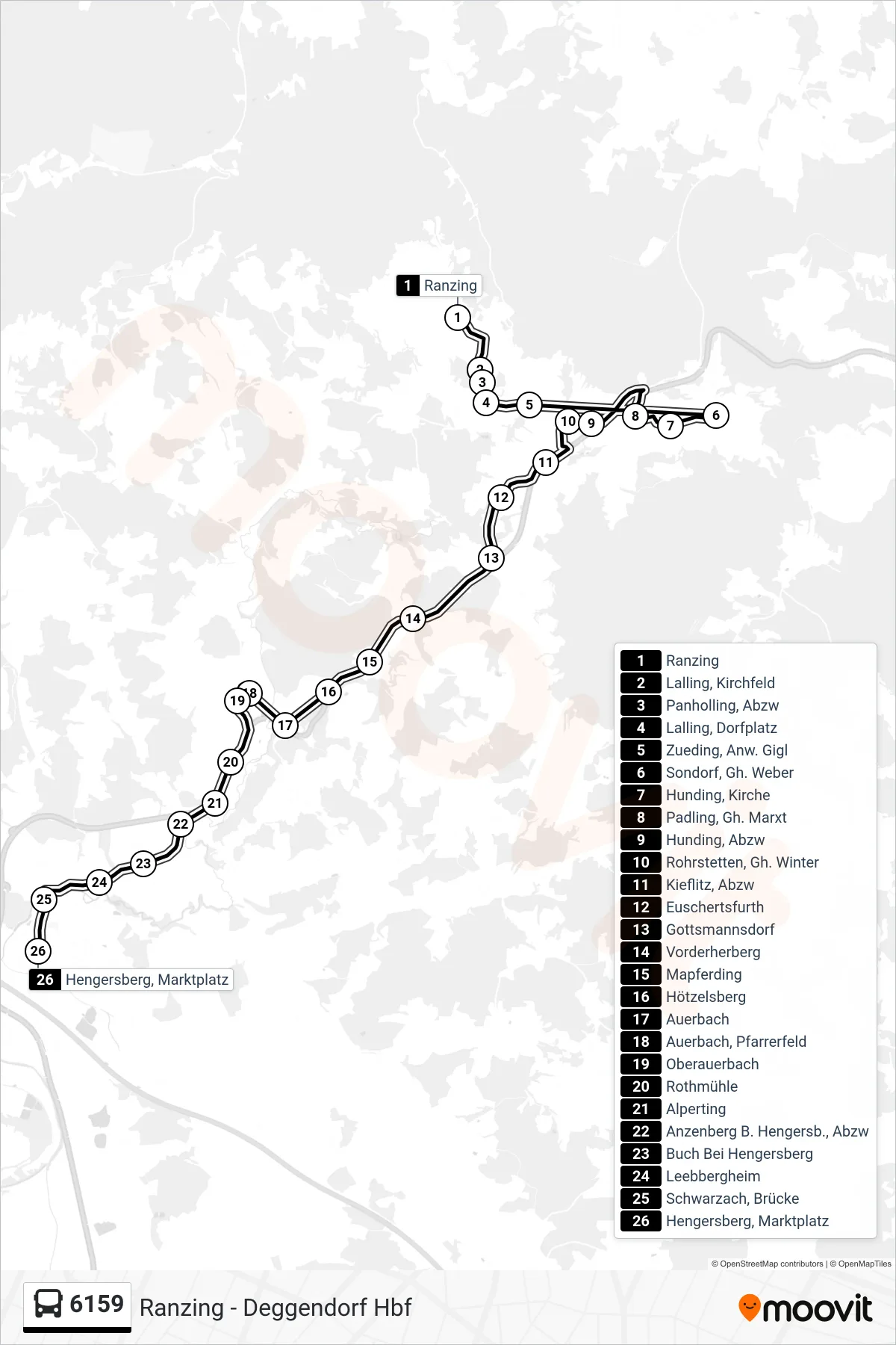 6159 bus Line (Hengersberg) route and stops on a map