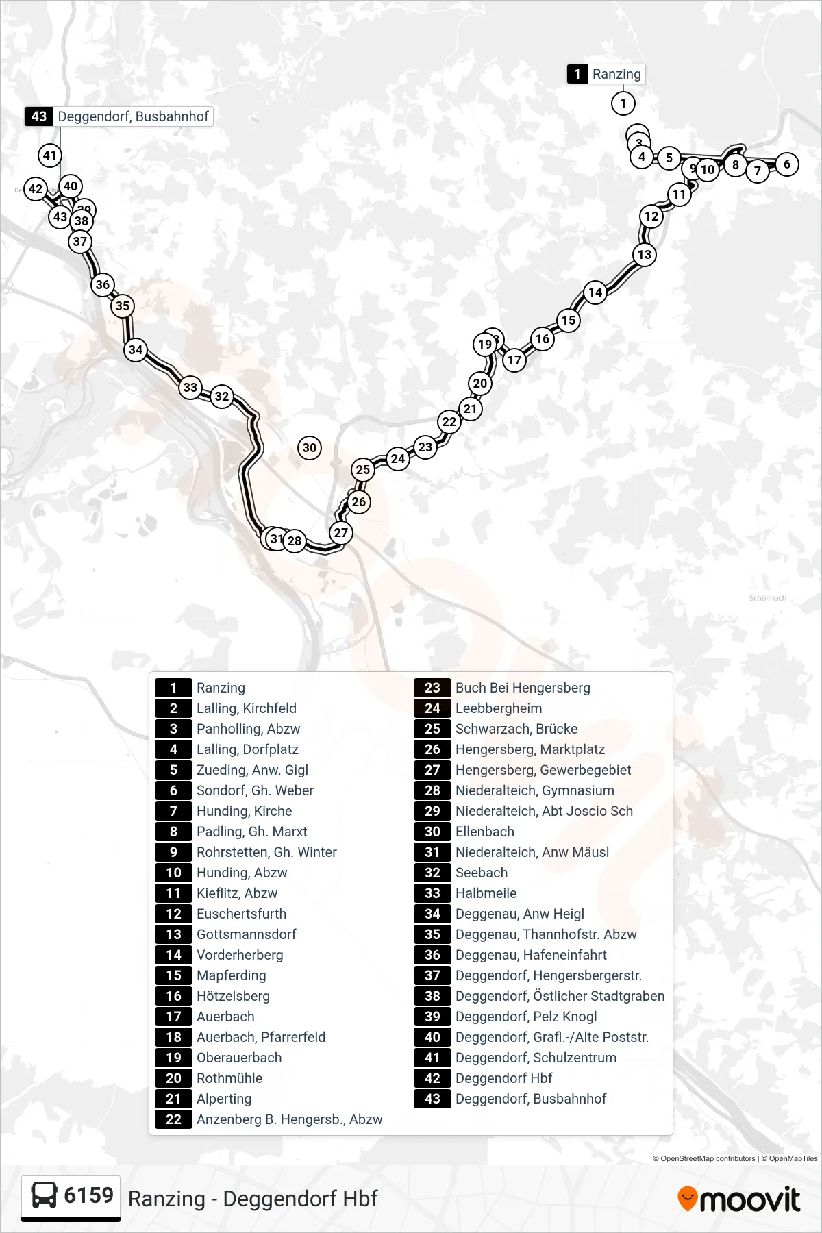 6159 bus Line (Deggendorf) route and stops on a map