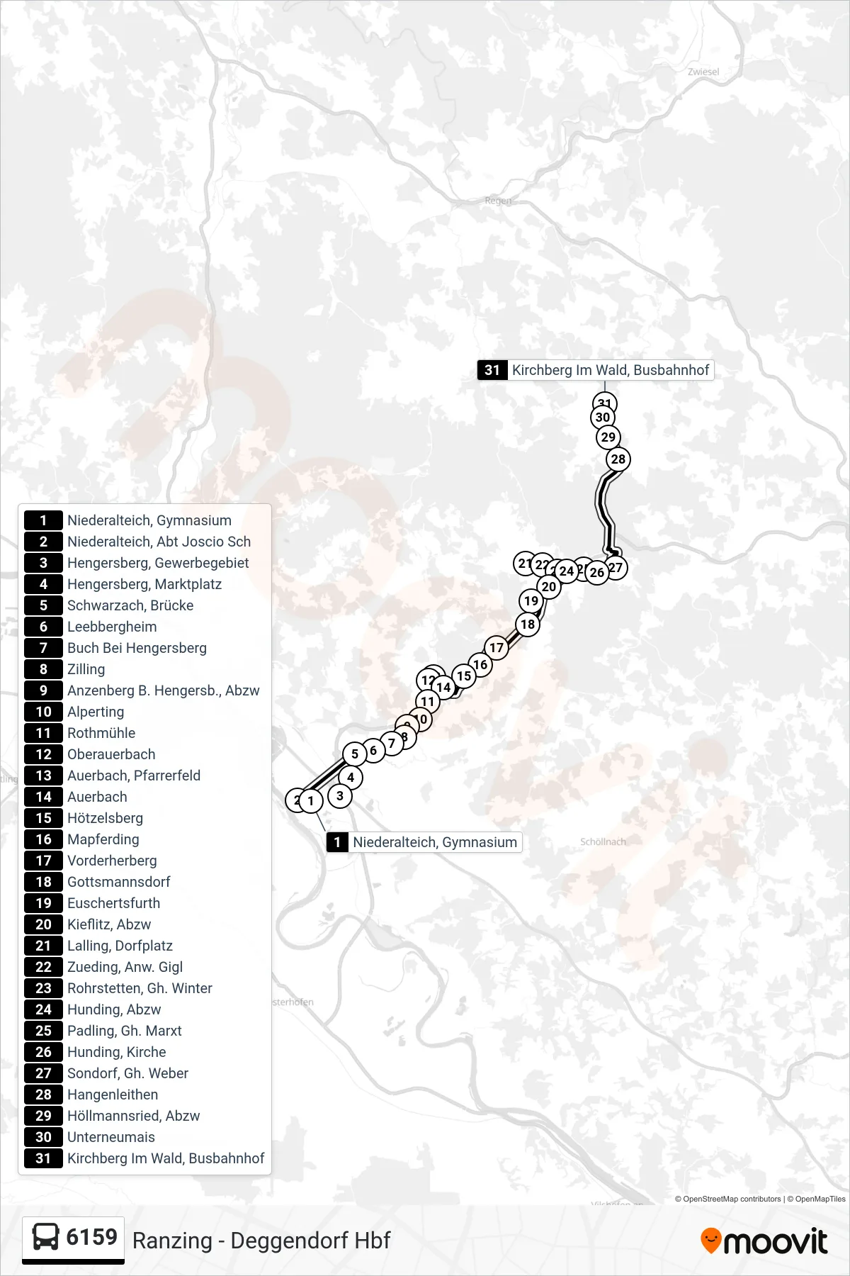 Linie 6159 (Bus) Richtung Kirchberg: Route und Haltestellen auf der Karte