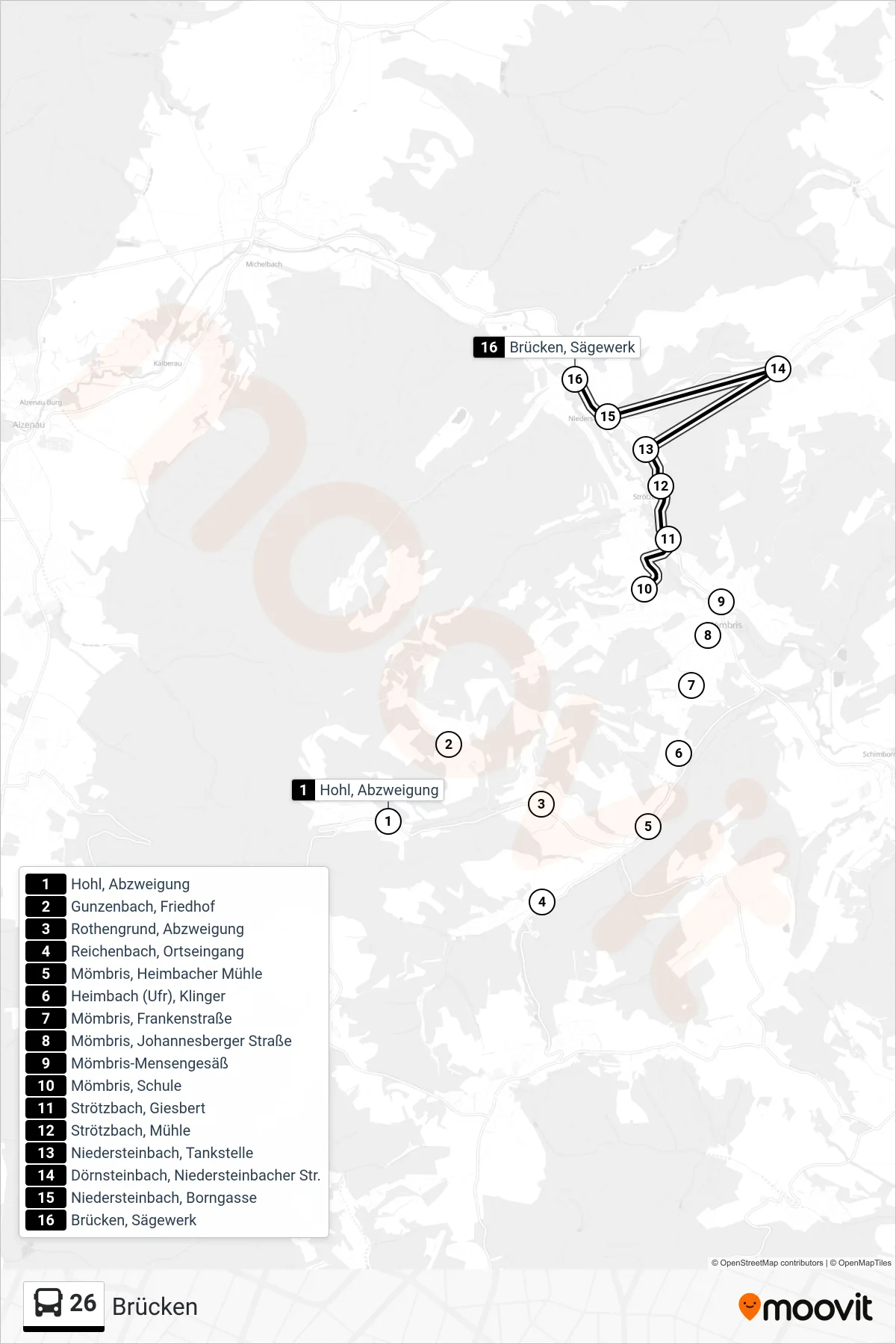 26 bus Line (Brücken) route and stops on a map