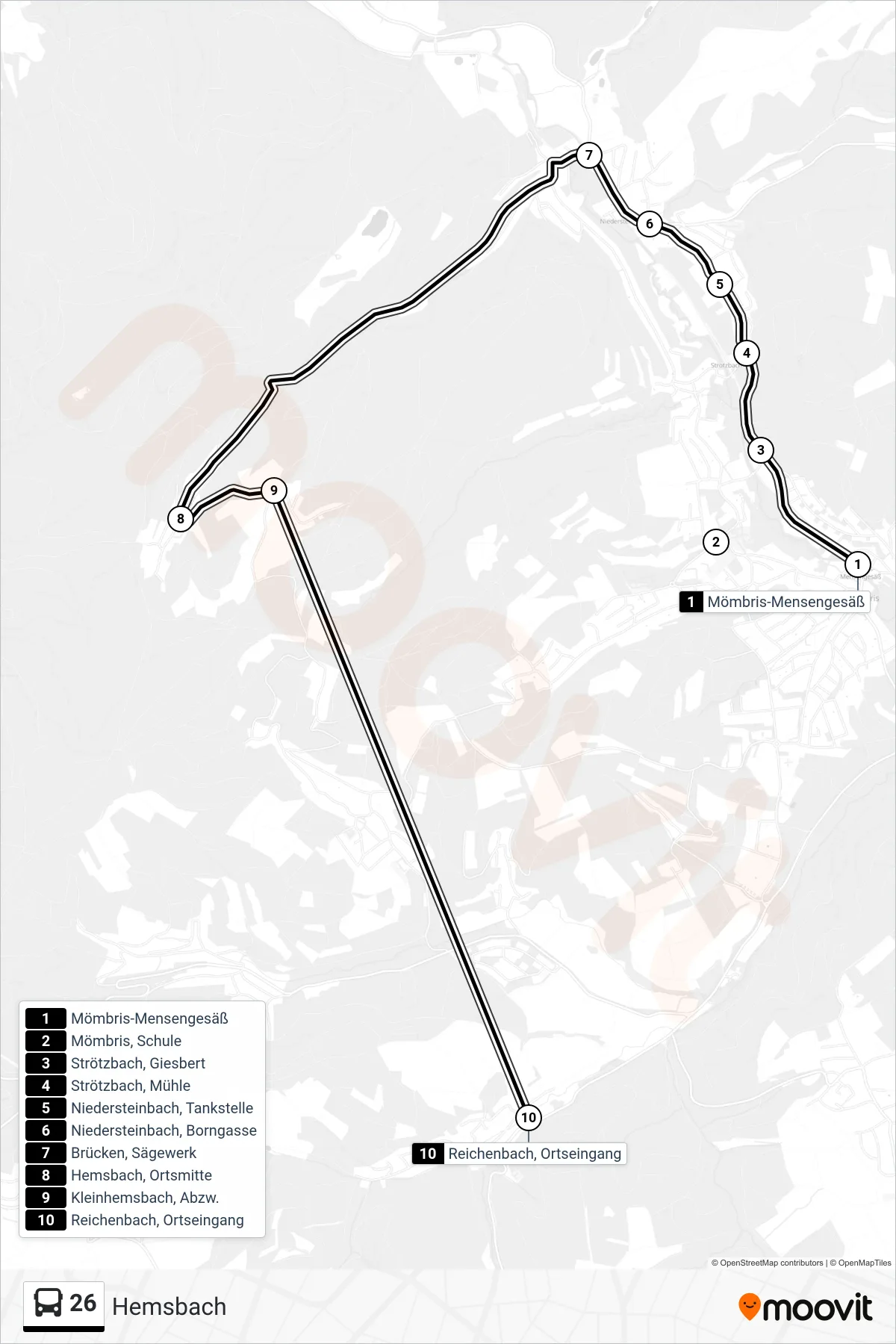 26 bus Line (Hemsbach) route and stops on a map