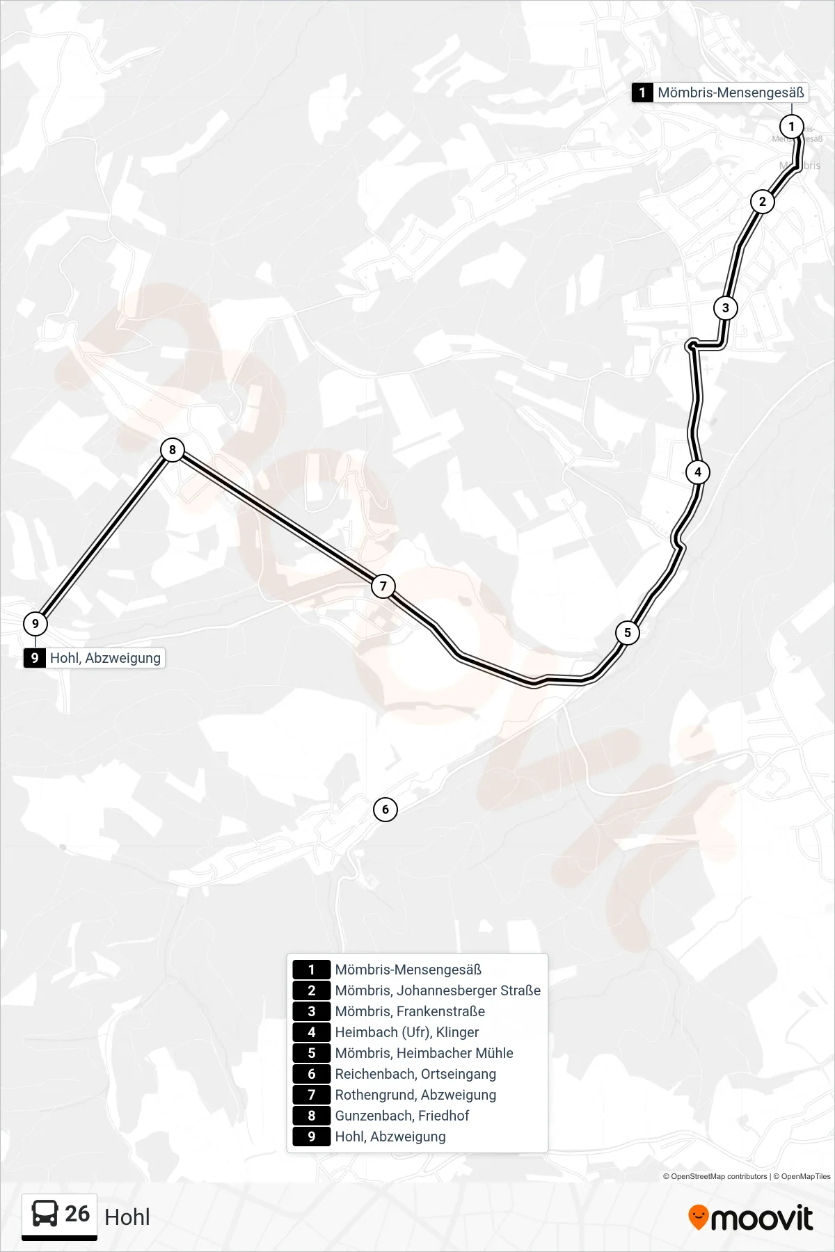 26 bus Line (Hohl) route and stops on a map