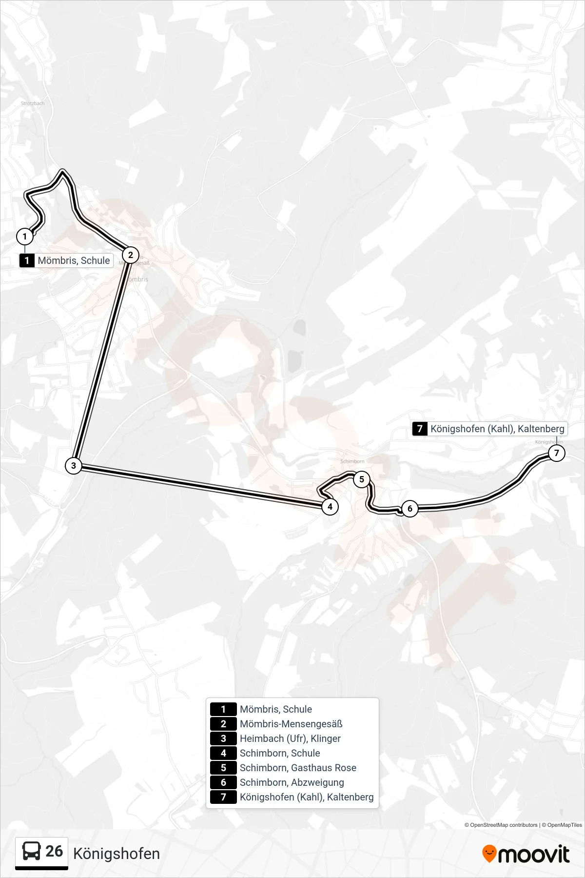 26 bus Line (Königshofen) route and stops on a map