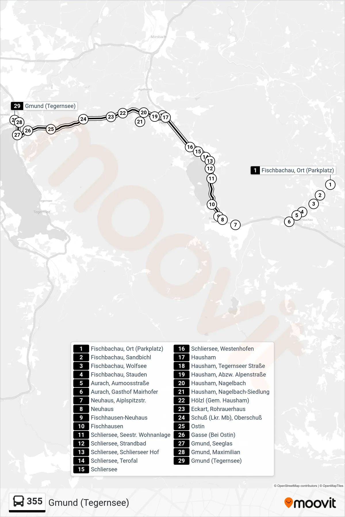 Linie 355 (Bus) Richtung Gmund (Tegernsee): Route und Haltestellen auf der Karte