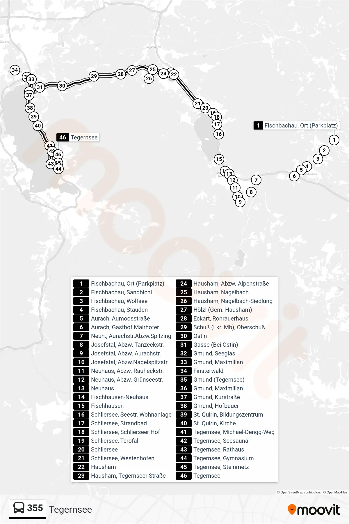 Linie 355 (Bus) Richtung Tegernsee: Route und Haltestellen auf der Karte