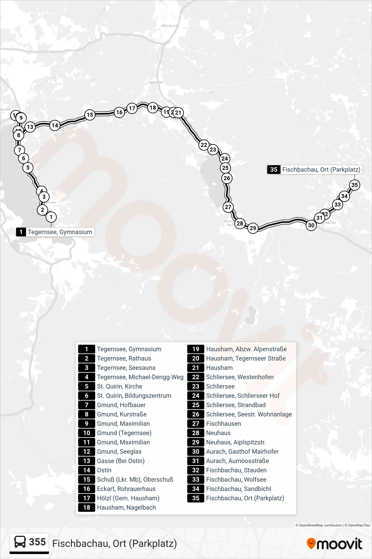 355 bus Line (Fischbachau, Ort (Parkplatz)) route and stops on a map
