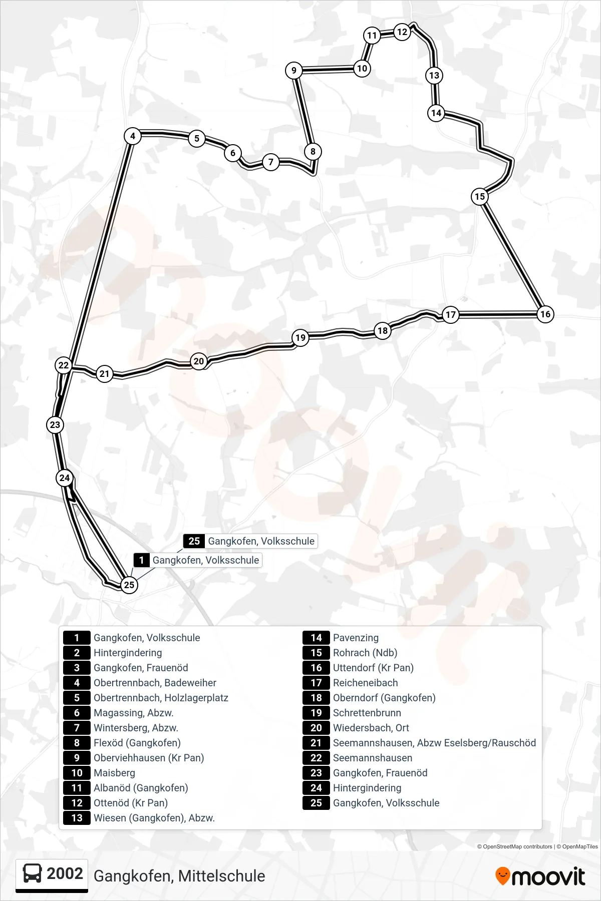 2002 bus Line (Gangkofen, Mittelschule) route and stops on a map