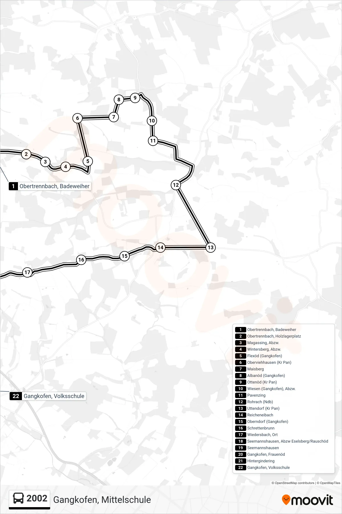 2002 bus Line (Gangkofen, Mittelschule) route and stops on a map